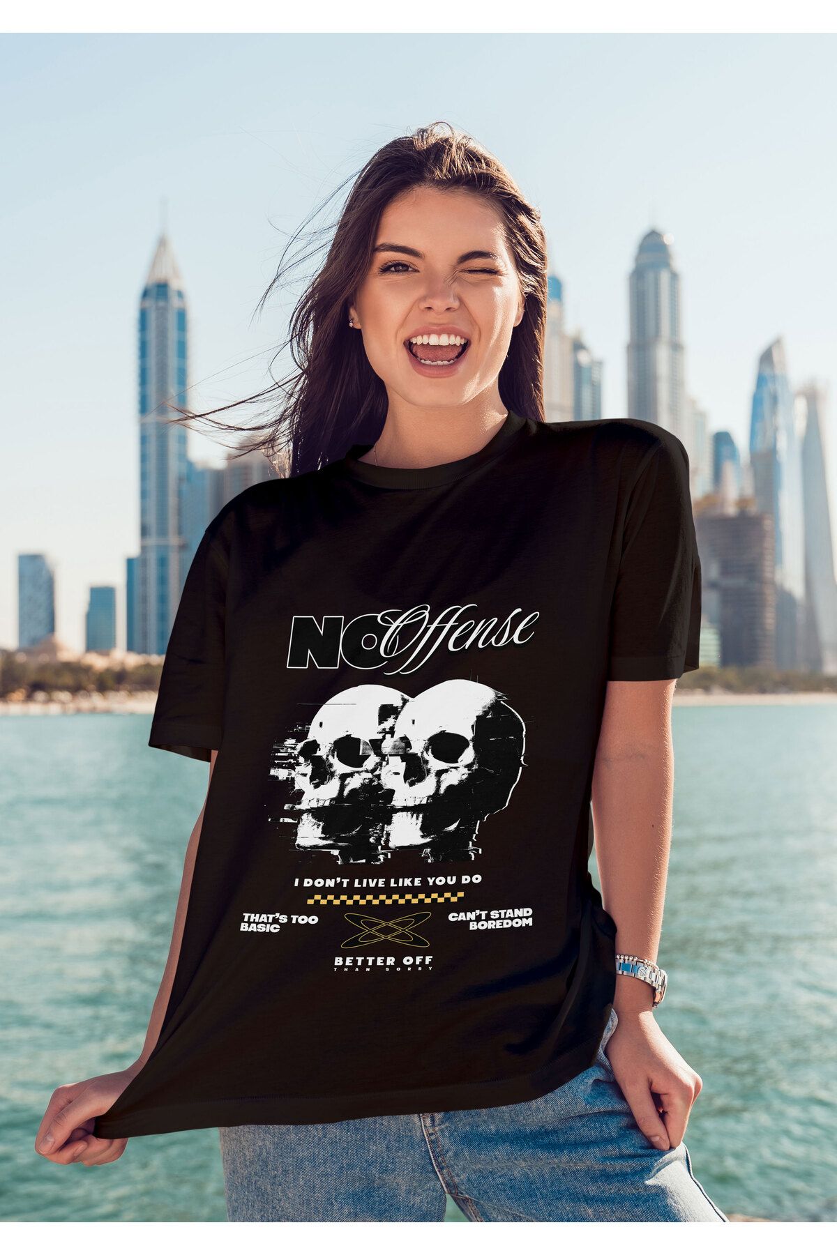 ELFAMİ Unisex Erkek/Kadın NO OFFENSE Renkli Özel Baskılı Oversize Pamuklu Bisiklet Yaka T-Shirt Tişört