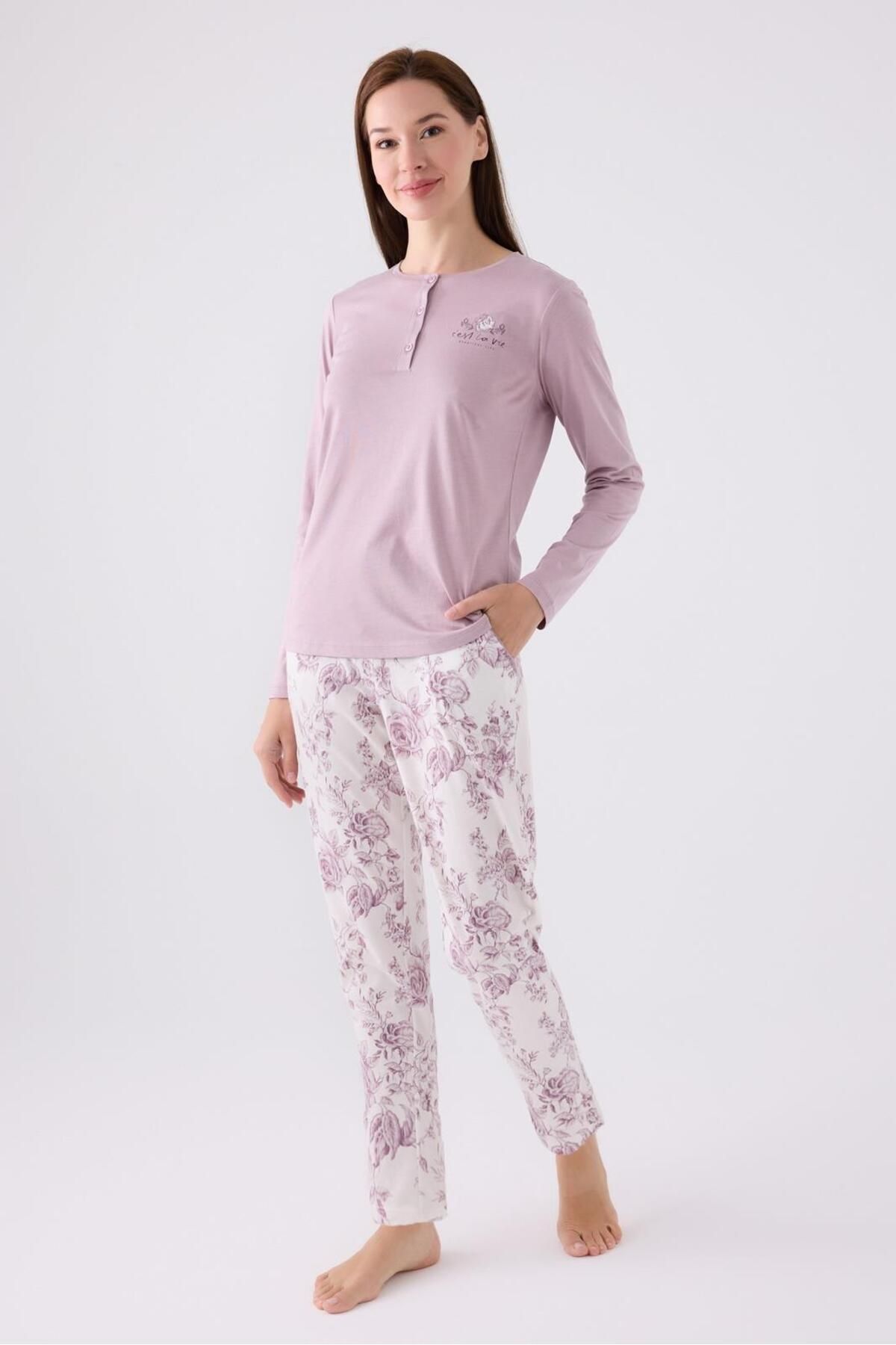 Arnetta Kadın Lila Düğmeli Yaka Uzunkol Pijama Takım, Büyük Beden Kadın Pijama Takım