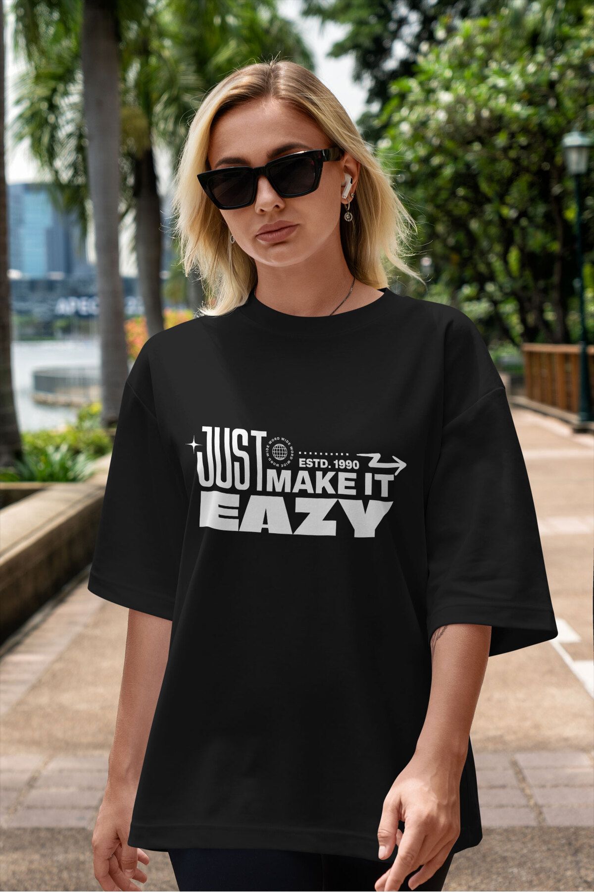ELFAMİ Unisex Erkek/Kadın EAZY Renkli Özel Baskılı Oversize Pamuklu Bisiklet Yaka T-Shirt Tişört