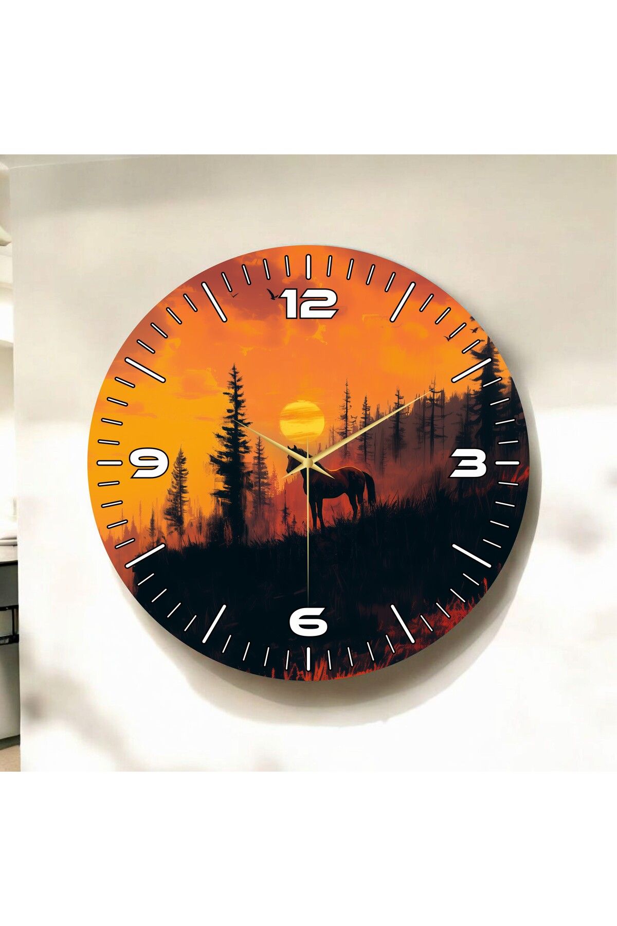 AA Shop Renkli Baskı Gün Batımı Orman Ve At Desenli Sayılı Hediyelik Ahşap Sessiz Duvar Saati 50cm