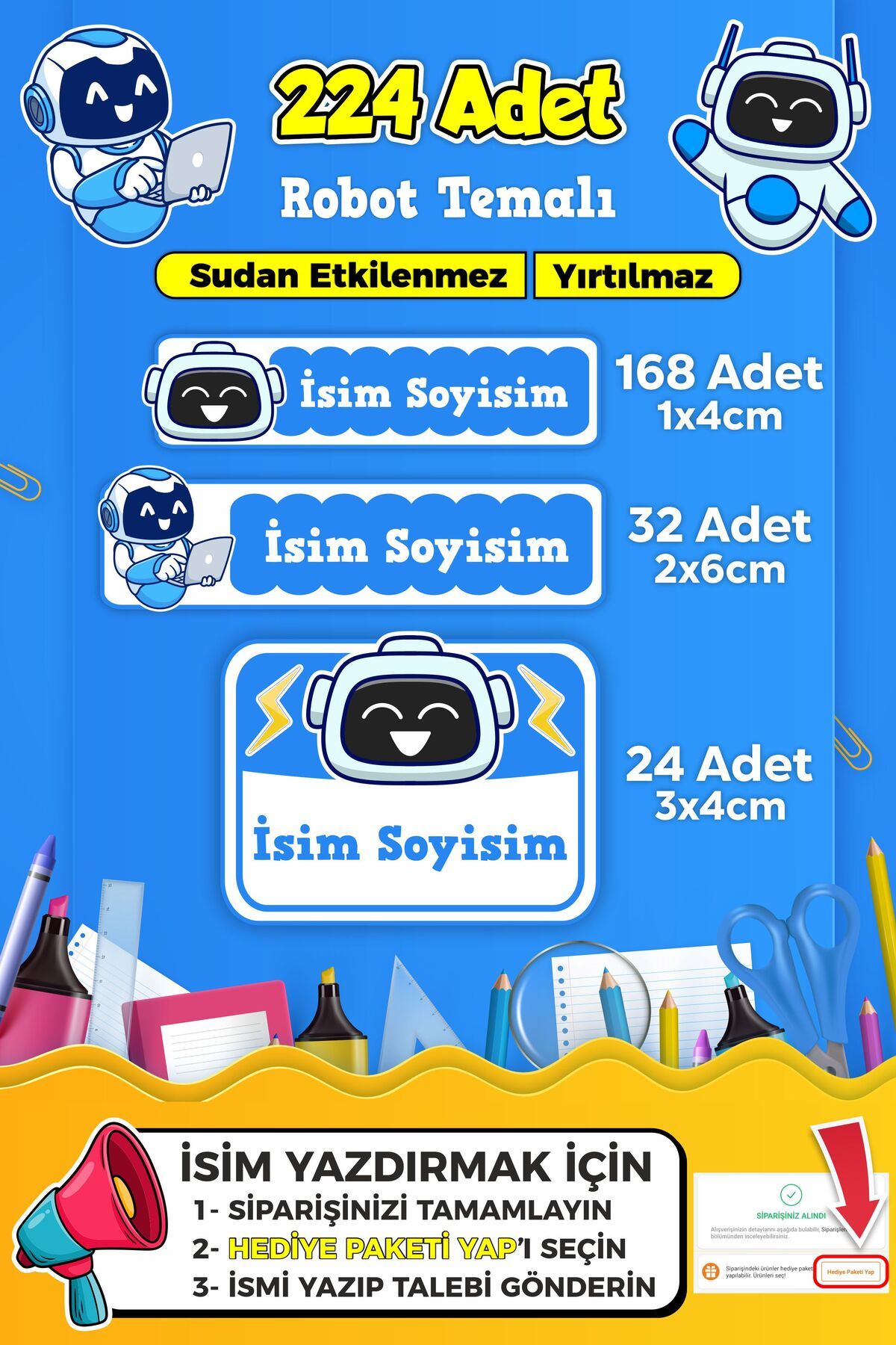 SB store Robot Temalı Okul Kreş Kişiye Özel isim Etiket Seti - Model 438
