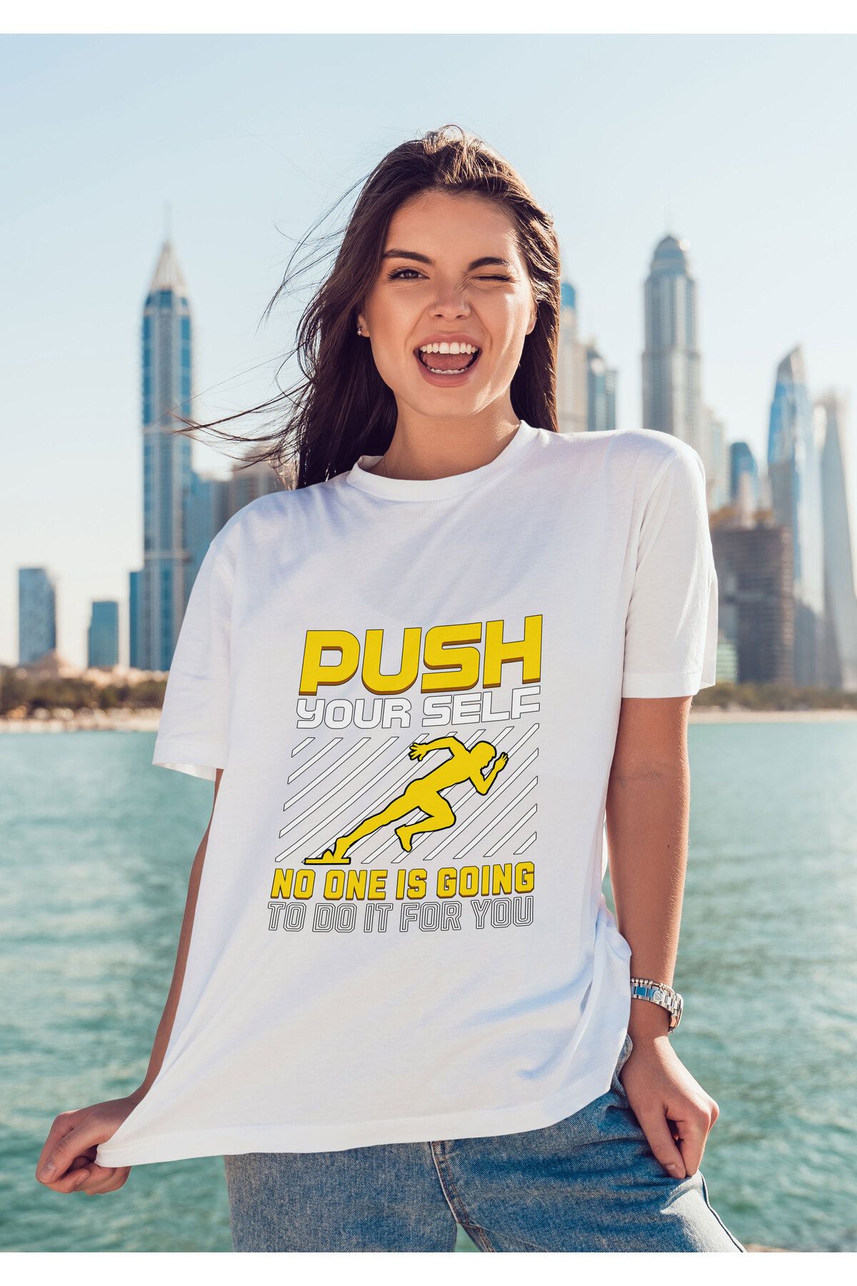 ELFAMİ Unisex Erkek/Kadın PUSH Renkli Özel Baskılı Oversize Pamuklu Bisiklet Yaka T-Shirt Tişört