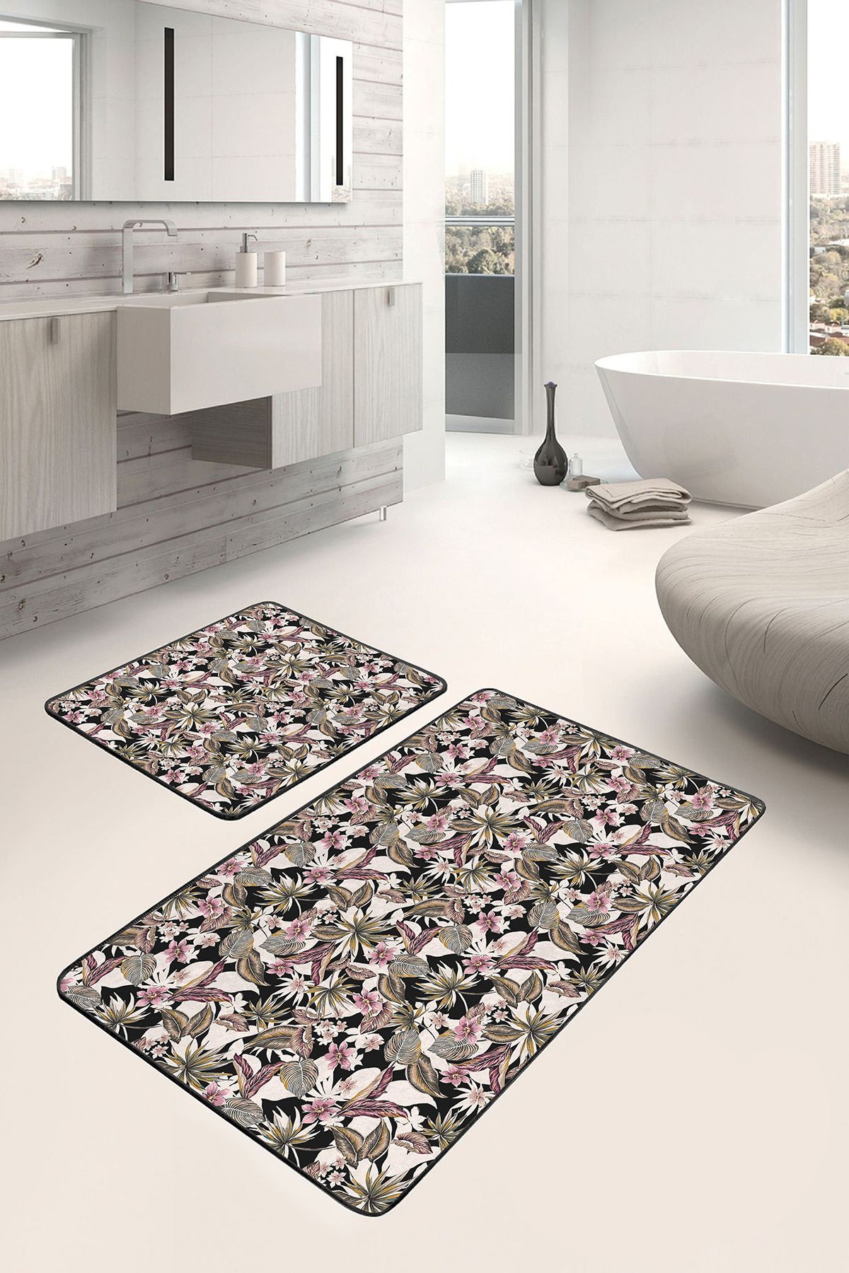 Realhomes 2'li Siyah Zeminde Floral Motifli Çiçek Desenli Floral Sade & Şık 2'li Banyo & Mutfak Paspas Takımı