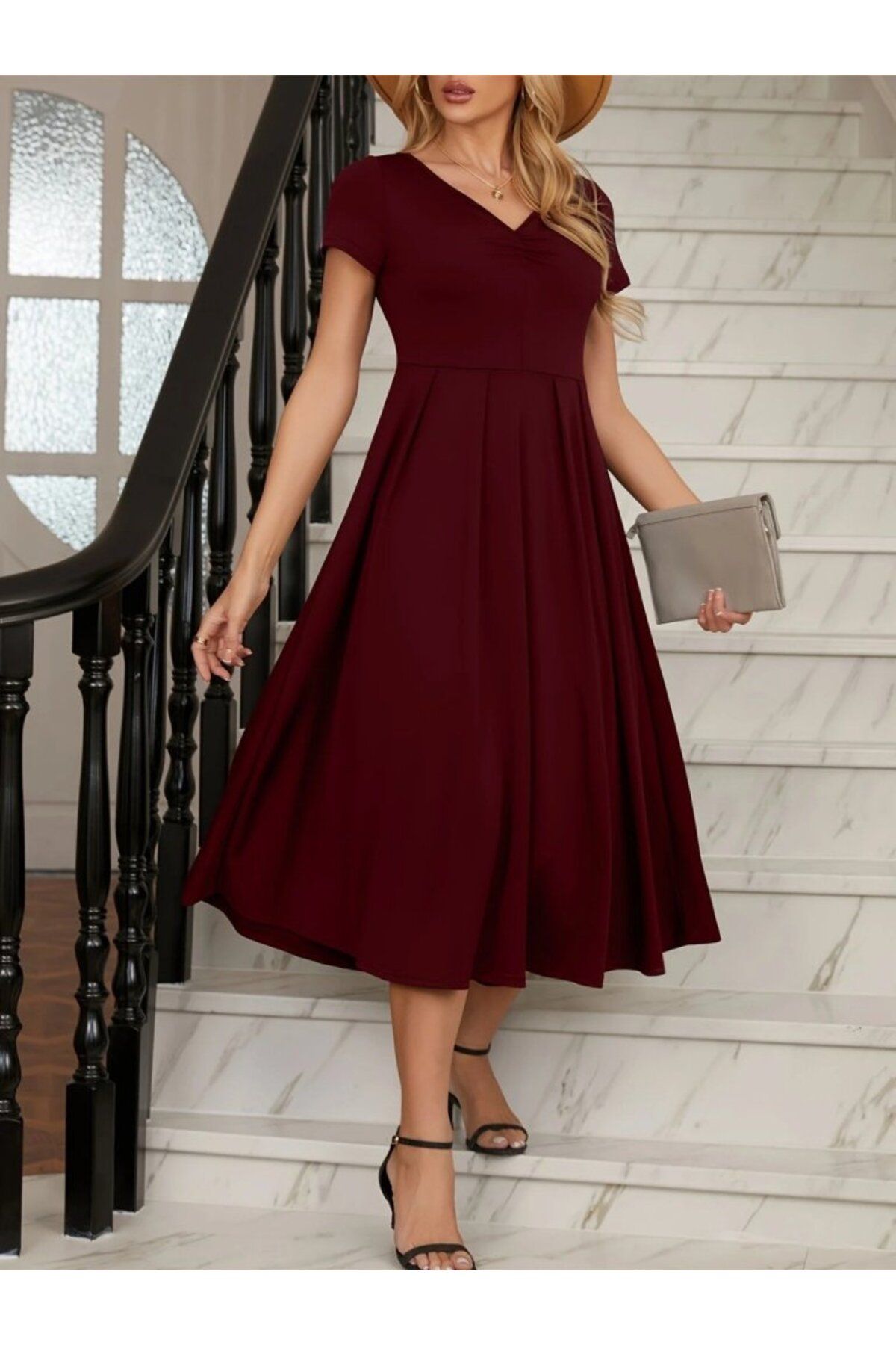 velmorafashion Kadın Kısa Kollu V Yakalı önden Pileli Midi Janjan Krep Elbise