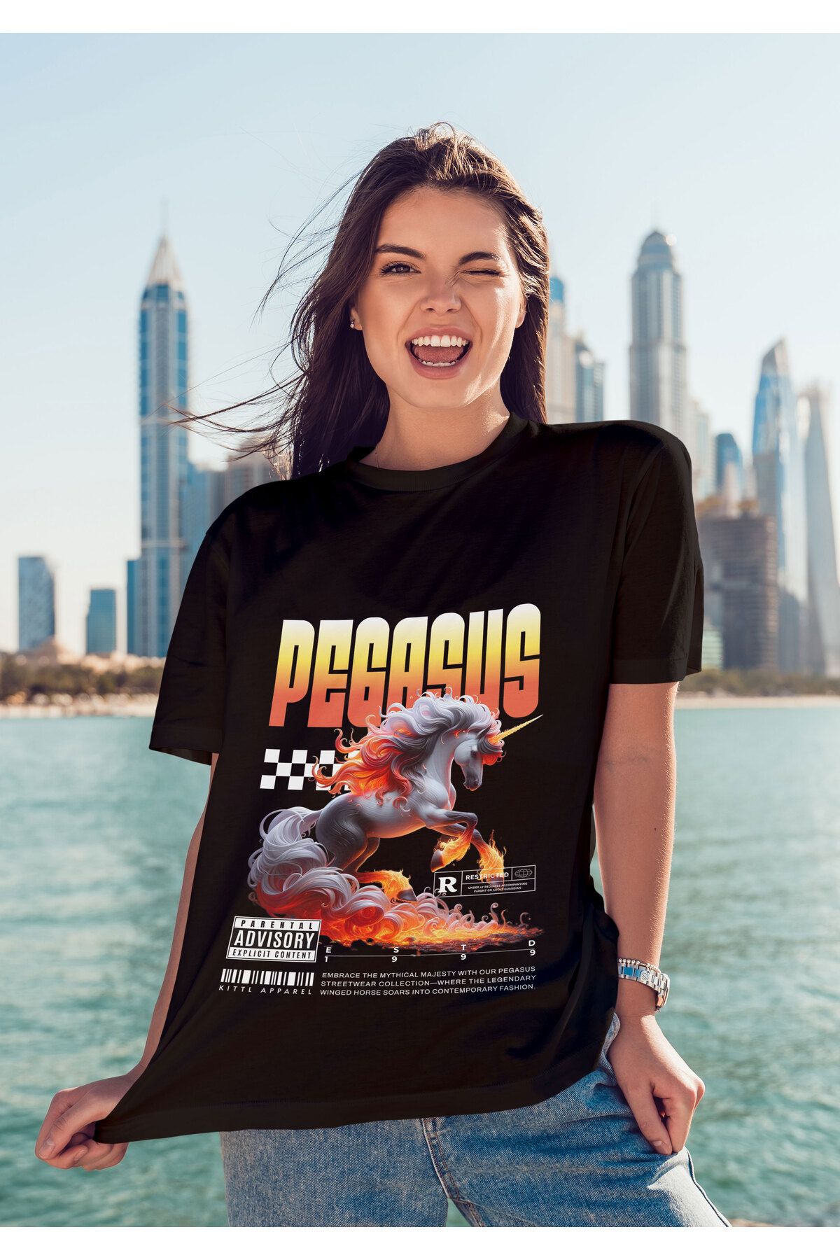 ELFAMİ Unisex Erkek/Kadın PEGASUS Renkli Özel Baskılı Oversize Pamuklu Bisiklet Yaka T-Shirt Tişört