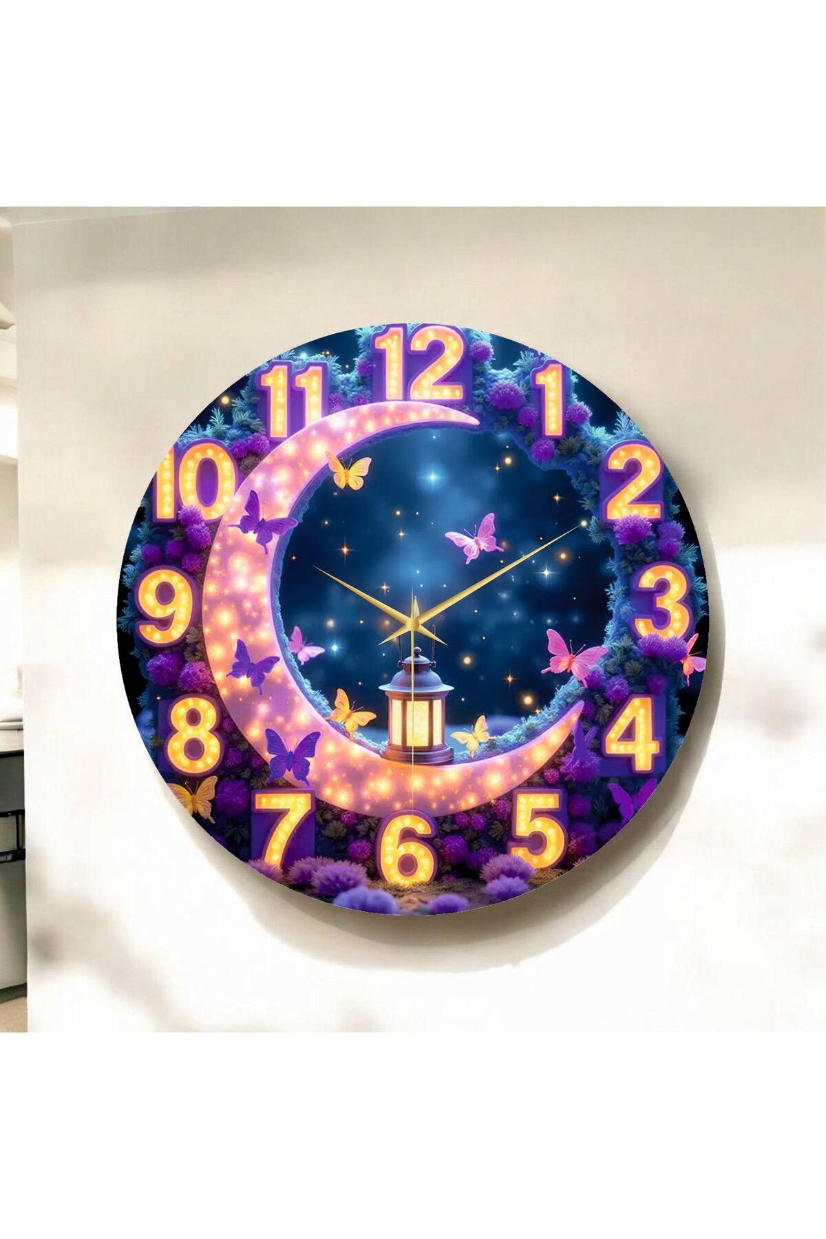 AA Shop Led Görünümlü Renkli Baskı Hilal ve Kelebek Desenli Sayılı Hediyelik Ahşap Sessiz Duvar Saati 50cm