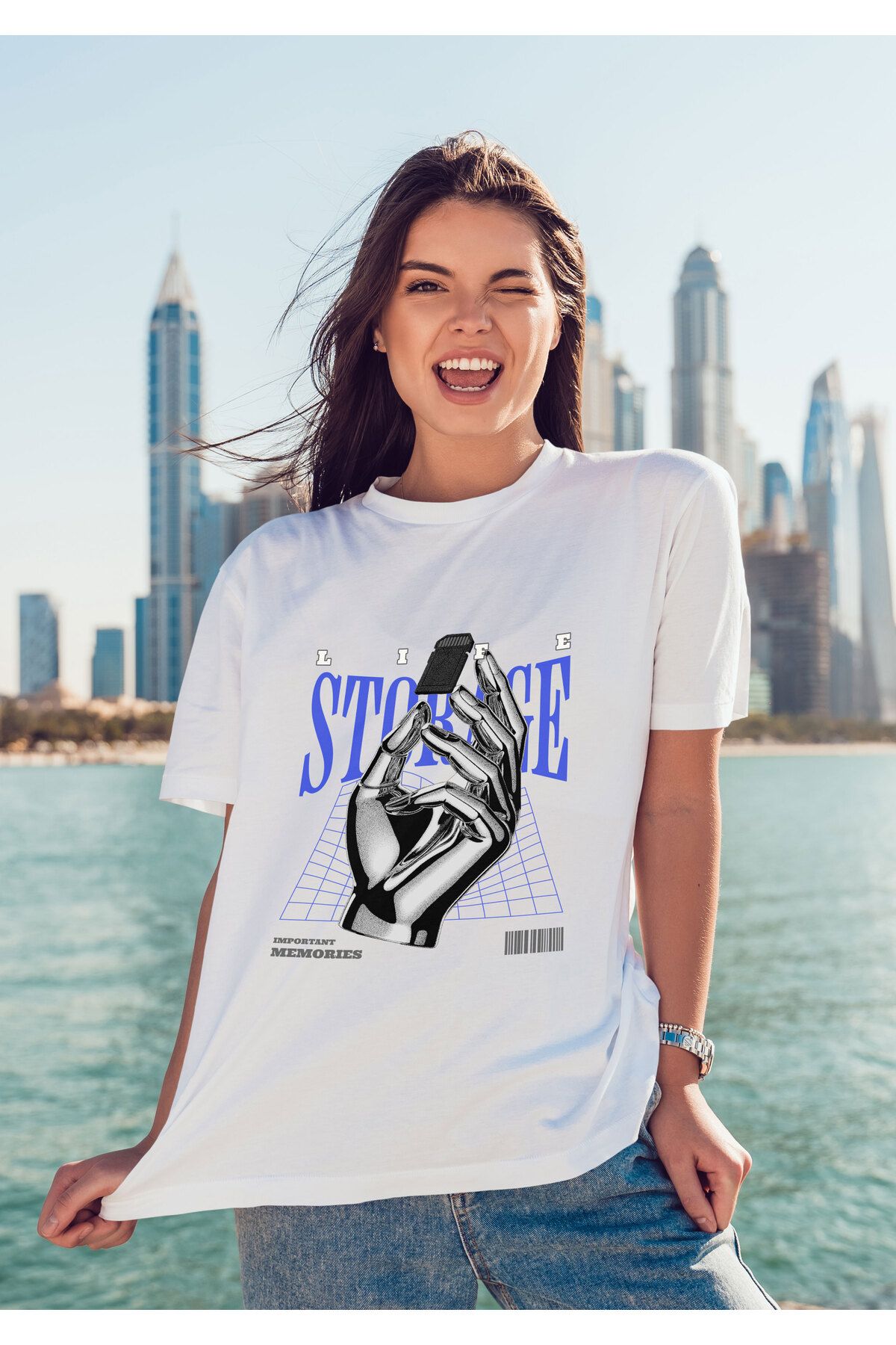 ELFAMİ Unisex Erkek/Kadın STORAGE Renkli Özel Baskılı Oversize Pamuklu Bisiklet Yaka T-Shirt Tişört