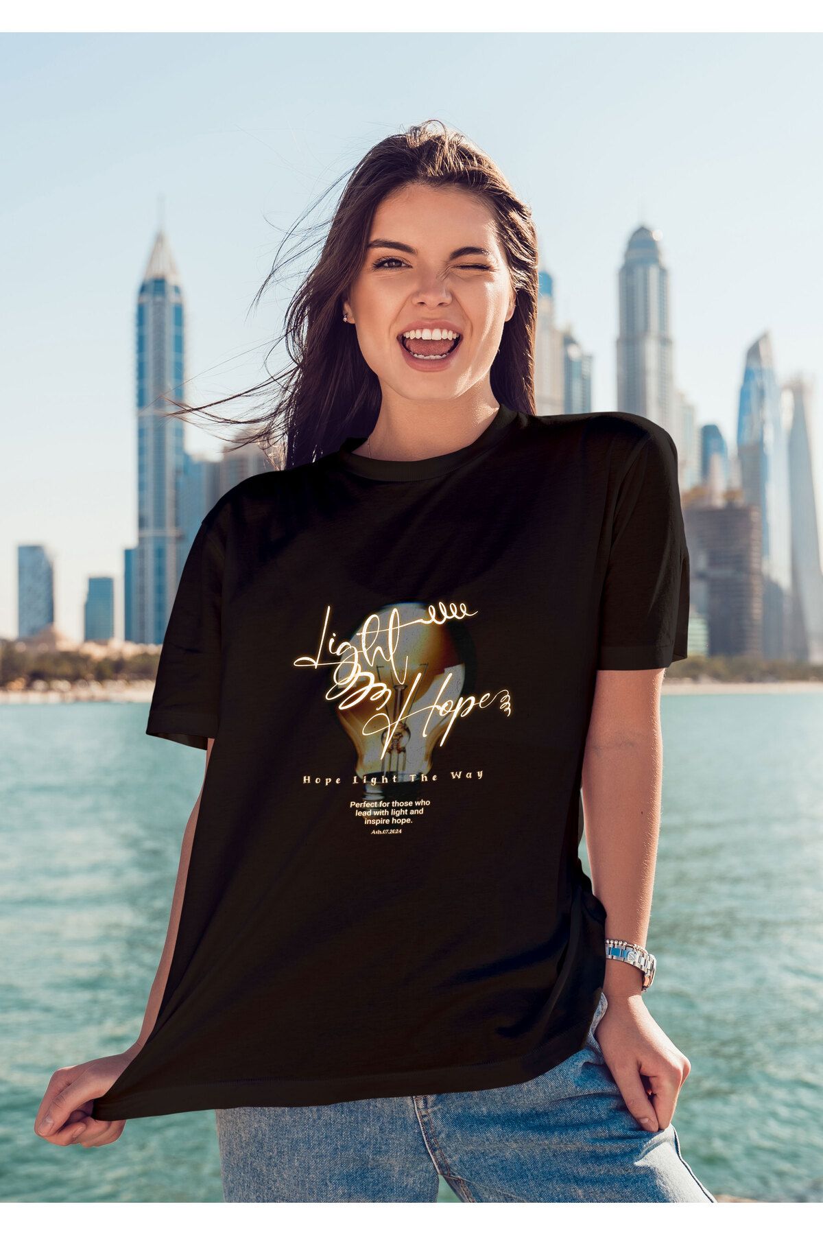 ELFAMİ Unisex Erkek/Kadın LIGHT Renkli Özel Baskılı Oversize Pamuklu Bisiklet Yaka T-Shirt Tişört