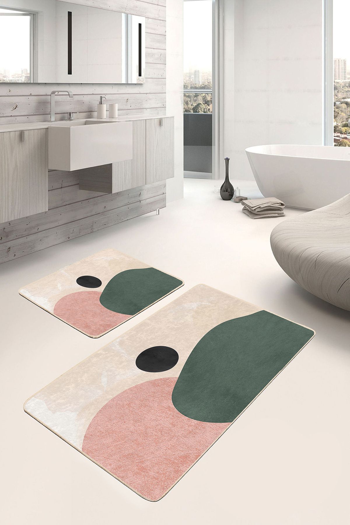 Realhomes Krem - Yeşil Zeminde Soyut Motifli Boyama Desenli Bohem Klasik 2'li Banyo & Mutfak Paspas Takımı
