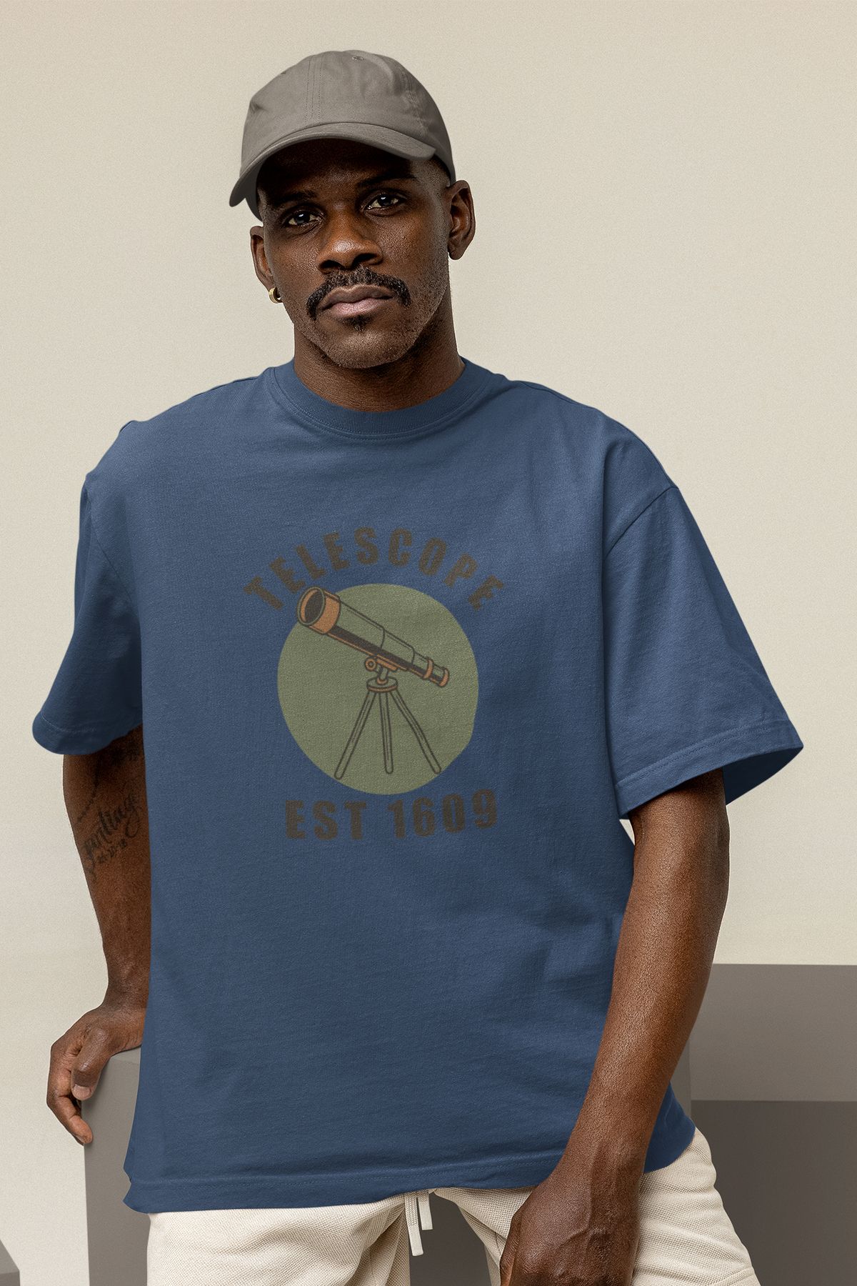 Uniquetex NUBENSE / TELAR-05 - Oversize Unisex Teleskop Baskılı Füme Bisiklet Yaka T-shirt (Bilim Tişört)