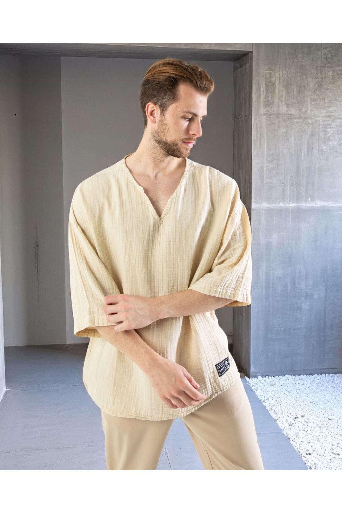VOGUEMET Erkek V Yaka Salaş Yazlık Üst | Oversize Kesim | Nefes Alan Hafif Kumaş
