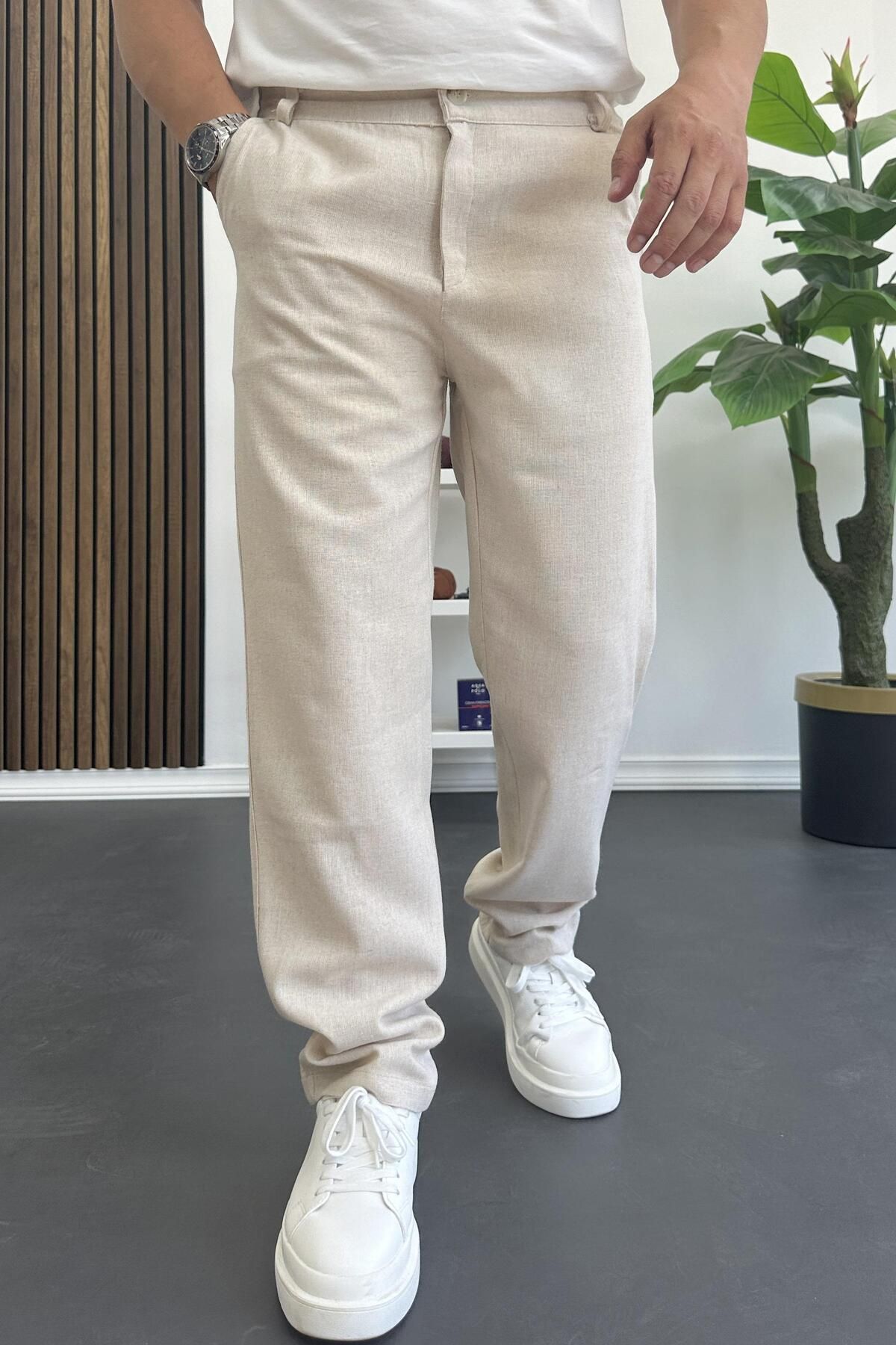 Edwox Erkek Normal Kesim Keten Pantolon Bej Edw386