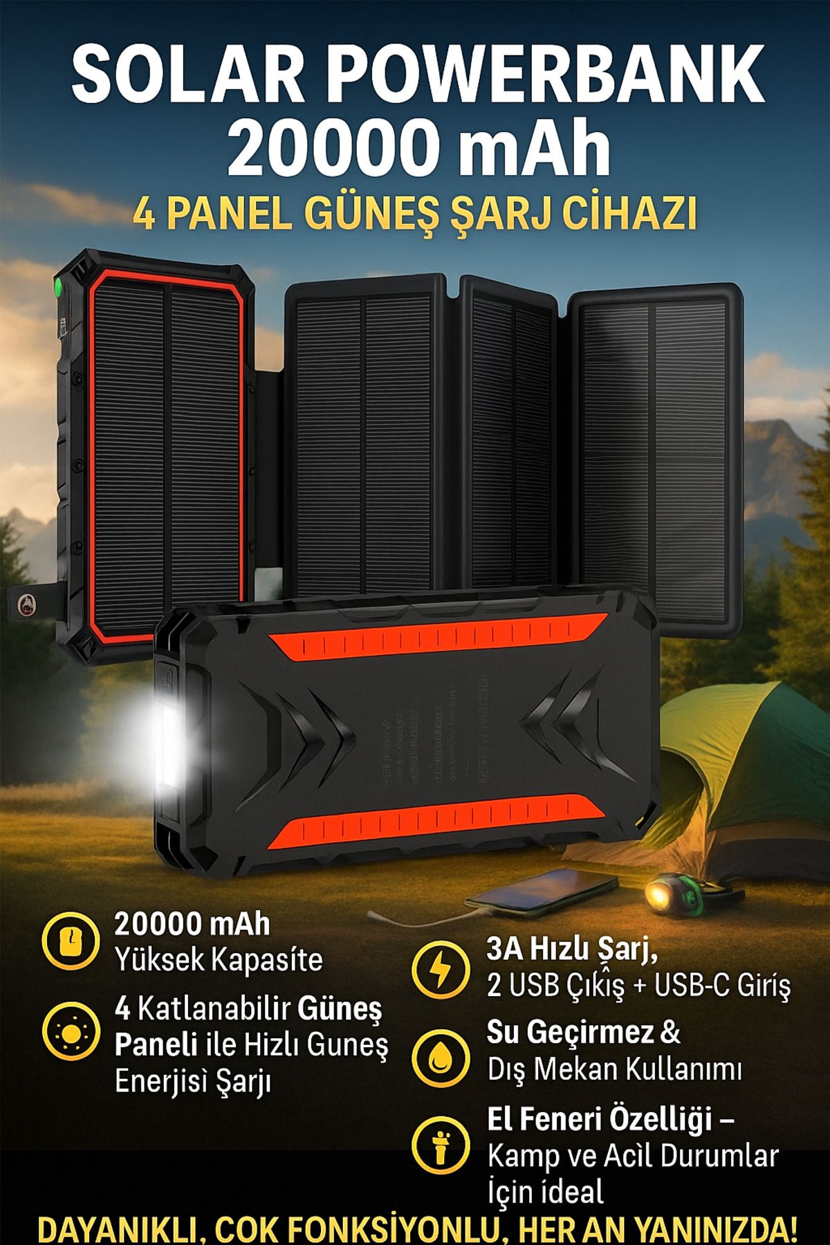 emybox 4 lü Solar Güneş Panelli Wireless Destekli Fenerli Suya Dayanıklı 20.000 mah Taşınabilir Powebank
