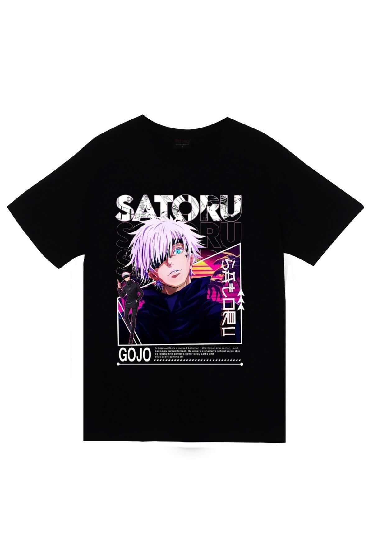 fame-stoned Jujutsu Kaisen Satoru Gojo Anime Baskılı Unisex %100 Pamuk Siyah T-shirt