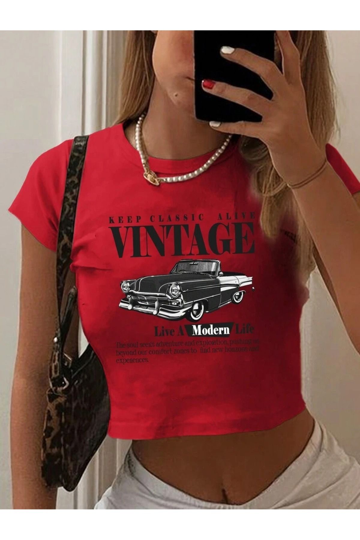 OVER HEAD Kadın Vintage Baskılı Baby Tee Crop T-shirt