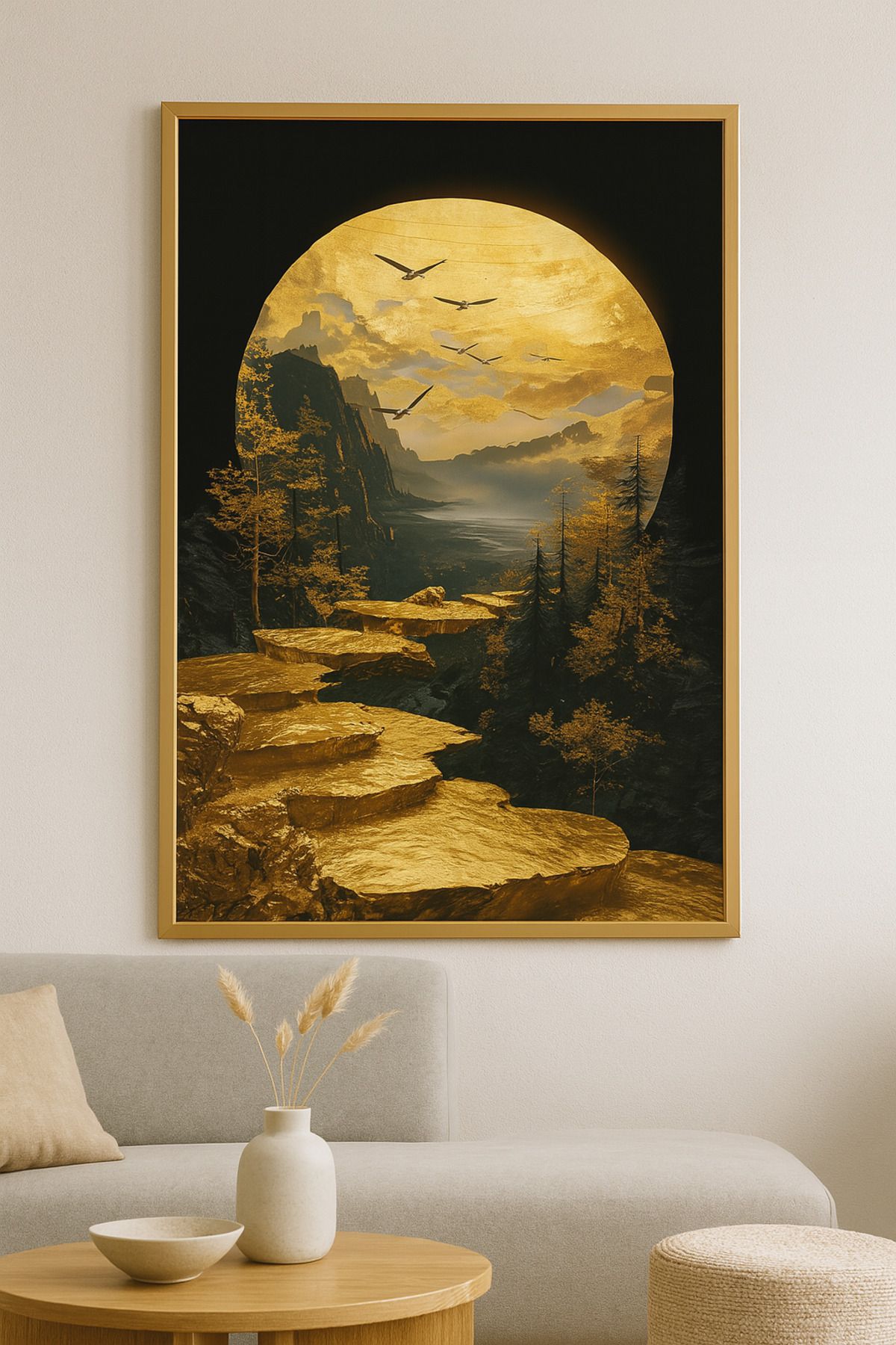 seninürünün Aya Yürüyüş Modern Tekli Tablosu - Gerçek Cama Baskı Gold Alüminyum Metal Çerçeveli