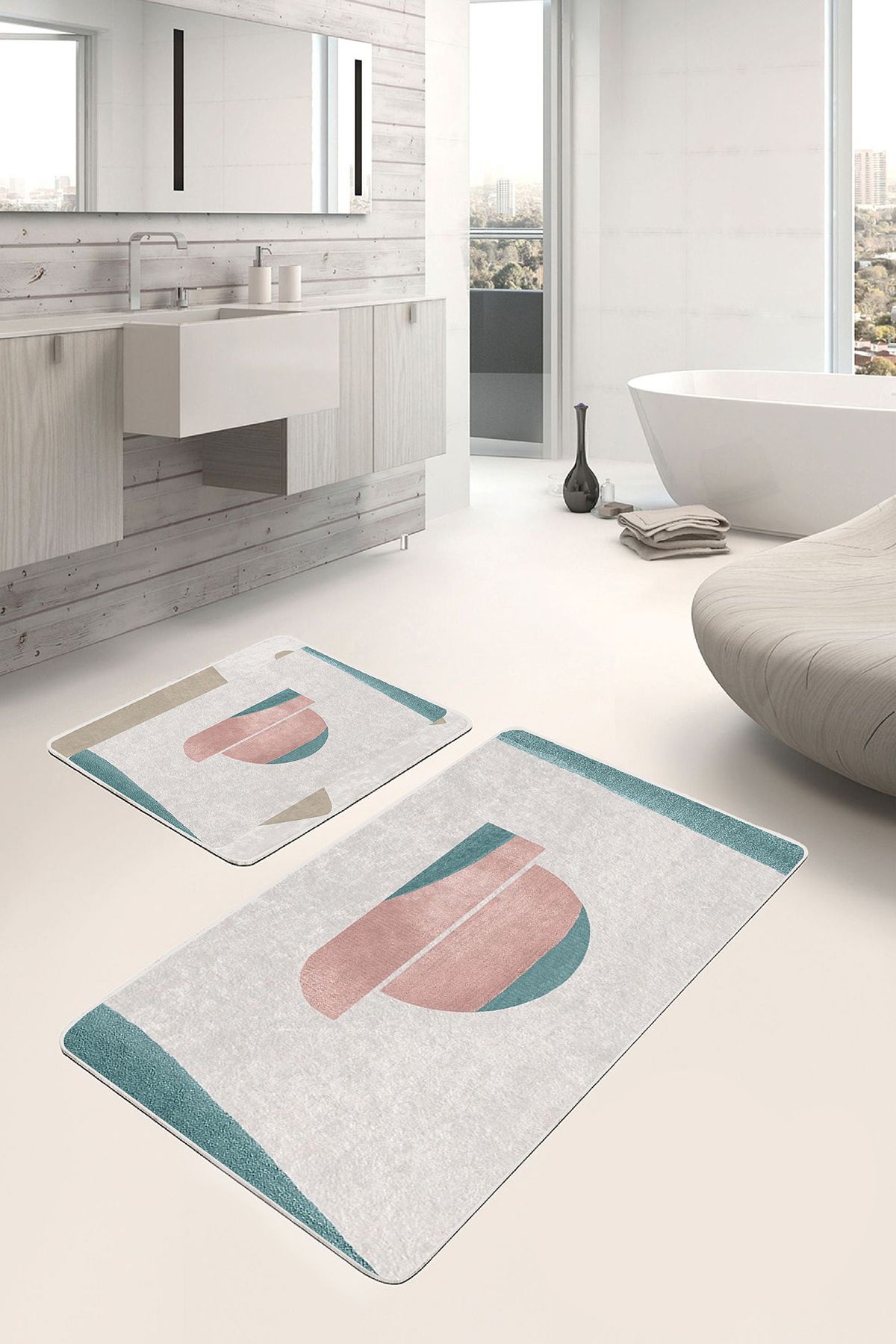 Realhomes Turkuaz - Yavruağzı Zeminde Abstract Motifli Tablo Desenli Bohem Sade & Şık 2'li Banyo Paspas Takımı