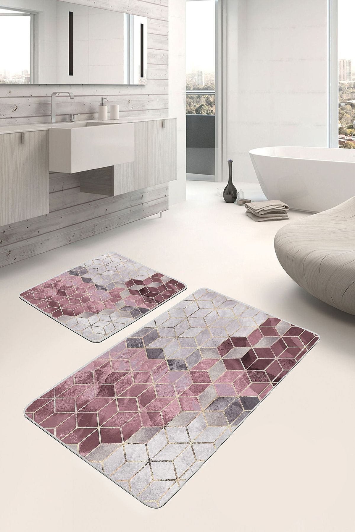 Realhomes 2'li Set Pembe - Gri Zeminde Mozaik Motifli Geometrik Geometrik Klasik 2'li Banyo Paspas Takımı