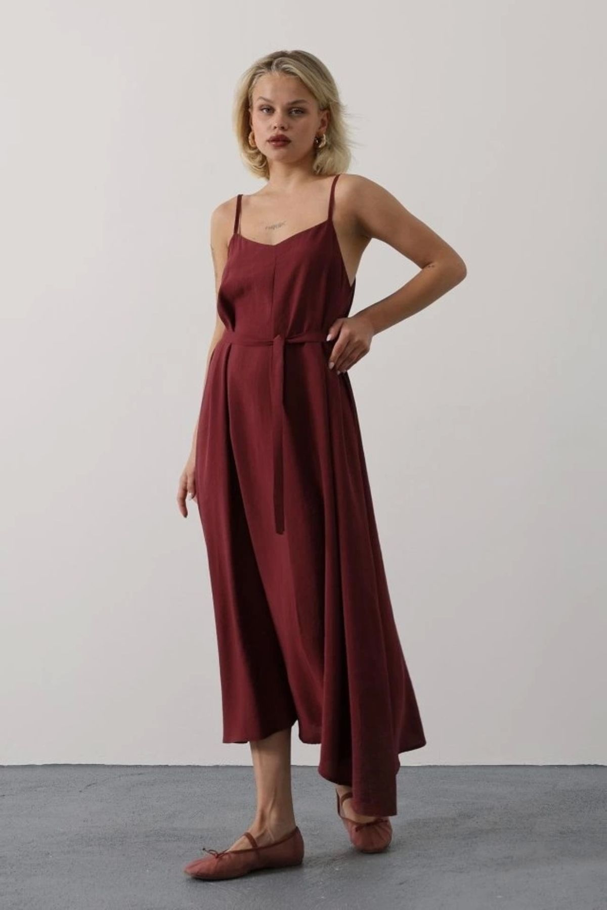 nedo7 Askılı Basic Uzun Elbise - Bordo