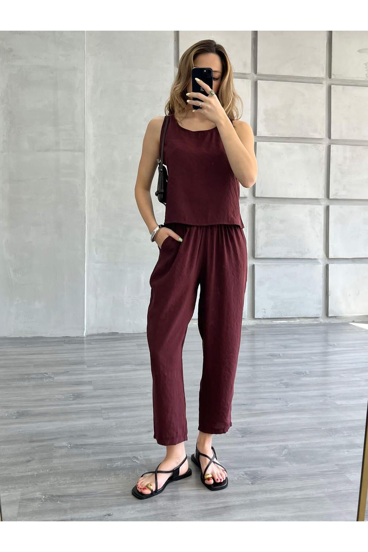 Coral Kolsuz Bluz Pantolon Takım Bordo
