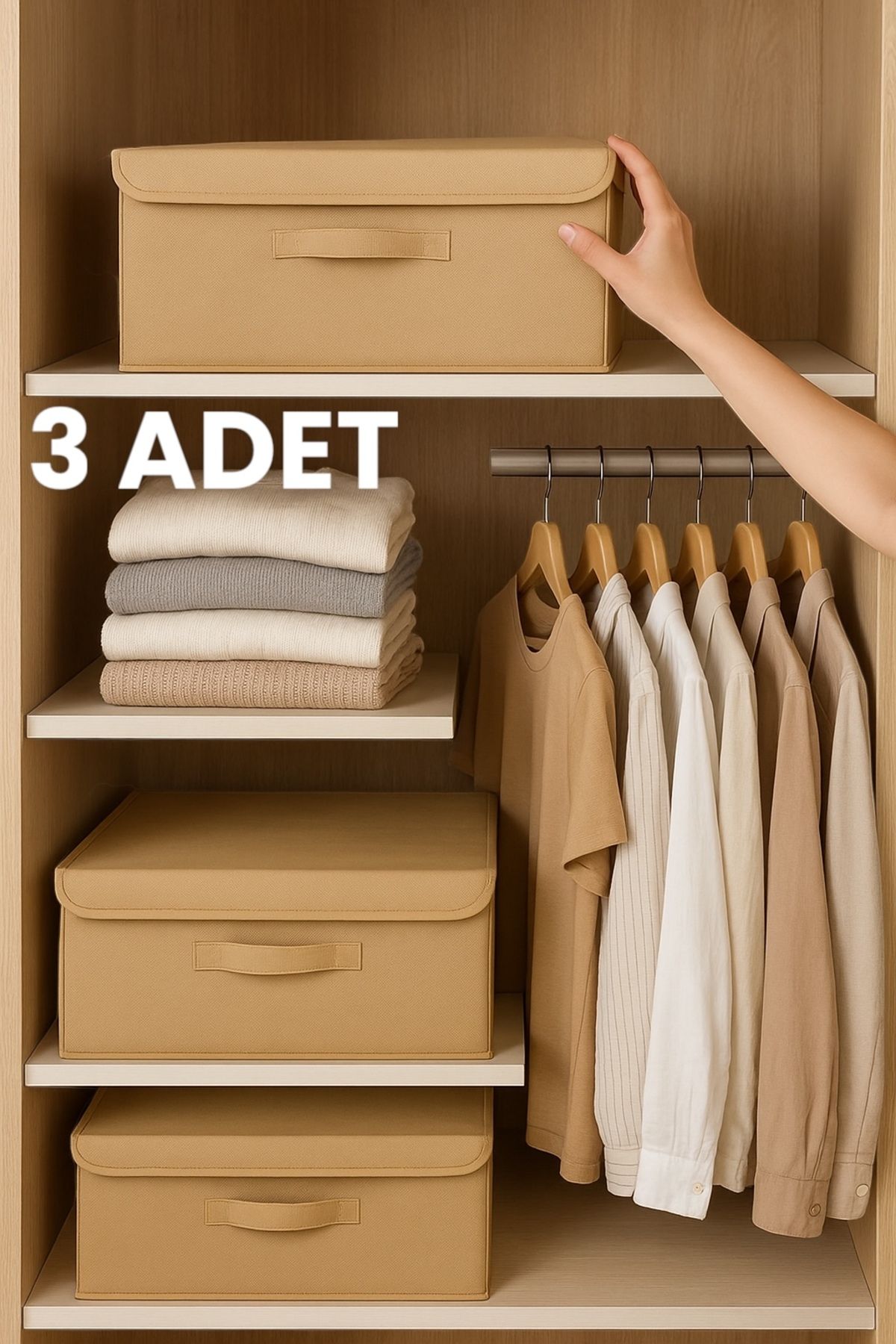 ON-ARS TEKSTİL 3 Adet Bej Çok Amaçlı Dolap Içi Çamaşır Oyuncak Düzenleyici Kapaklı Baza Altı Kutu Hurç 50x40x19 Cm