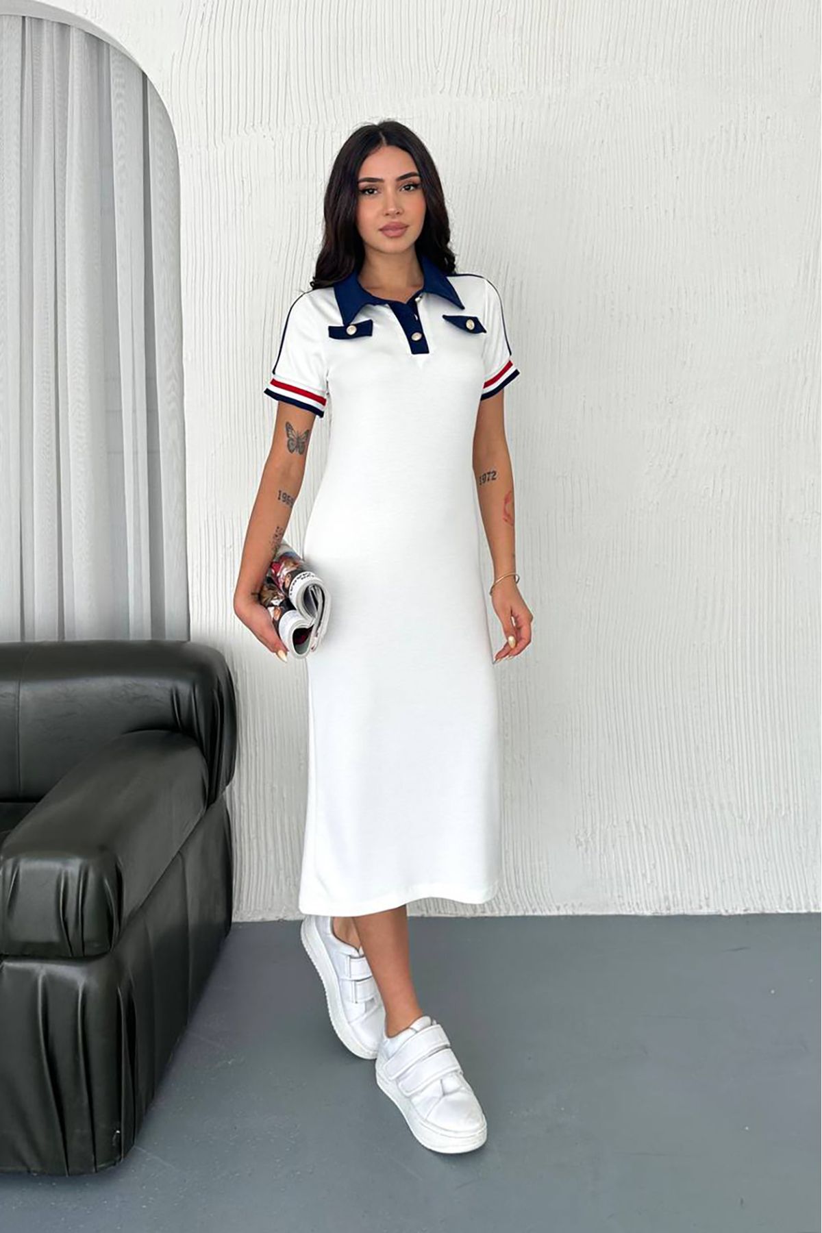 Neşeli Butik kadın beyaz polo yaka spor elbise NBTG102