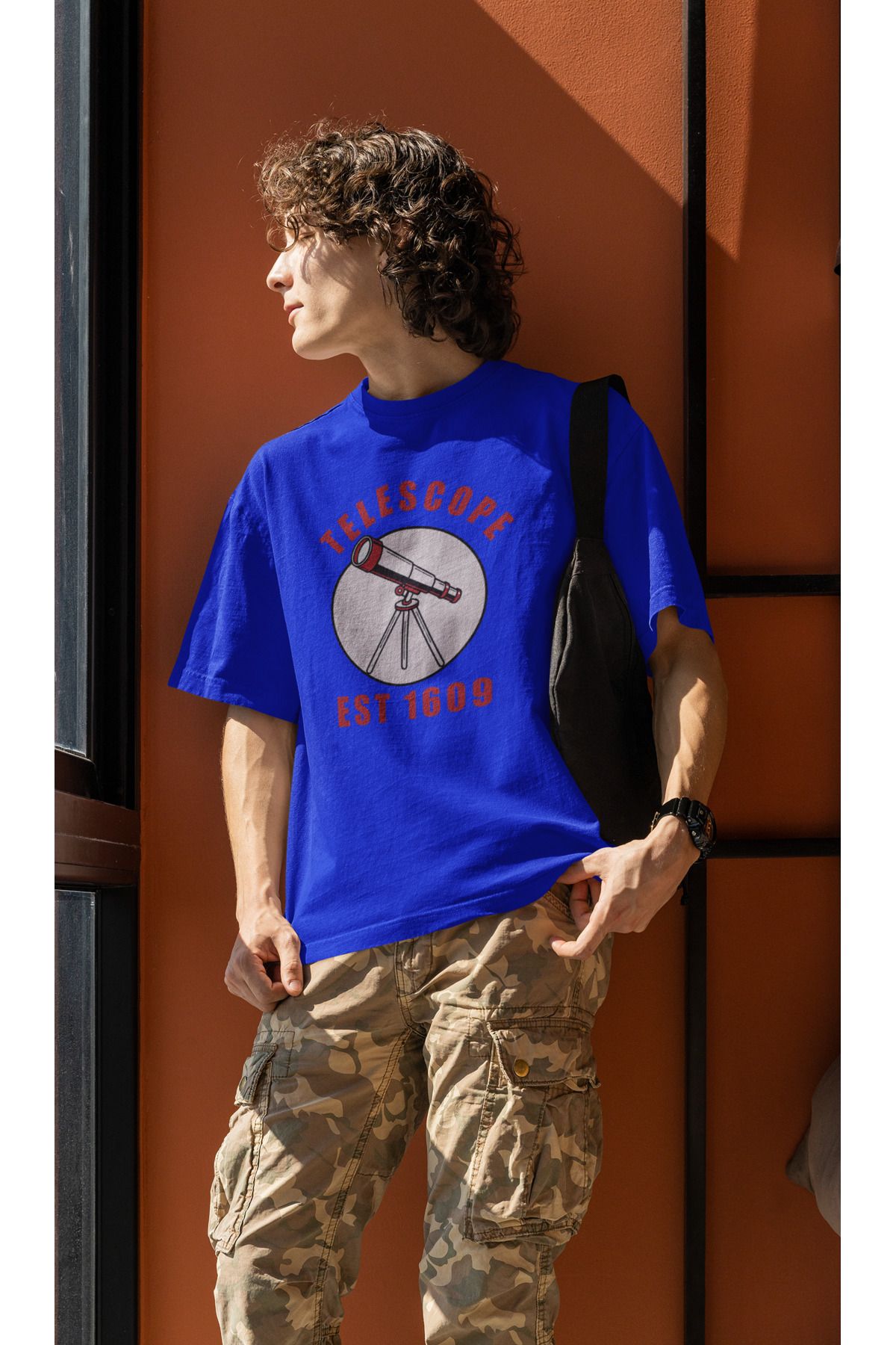 Uniquetex NUBENSE / TELAR-11 - Oversize Unisex Teleskop Baskılı Sax Mavi Bisiklet Yaka T-shirt (Bilim Tişört)