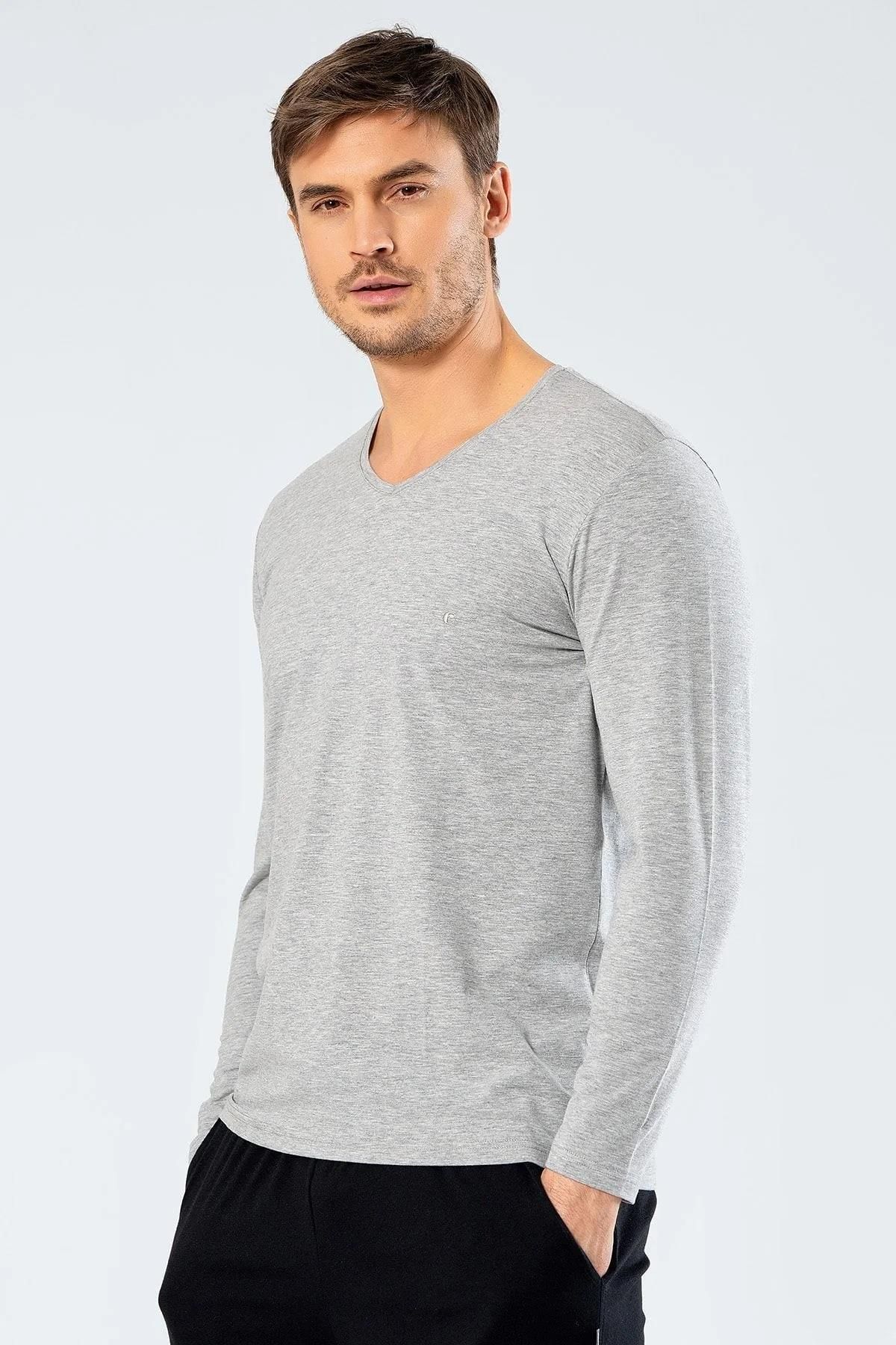 Cacharel Erkek Uzunkol V Yaka T-shirt, %95 Pamuk %5 Elestan