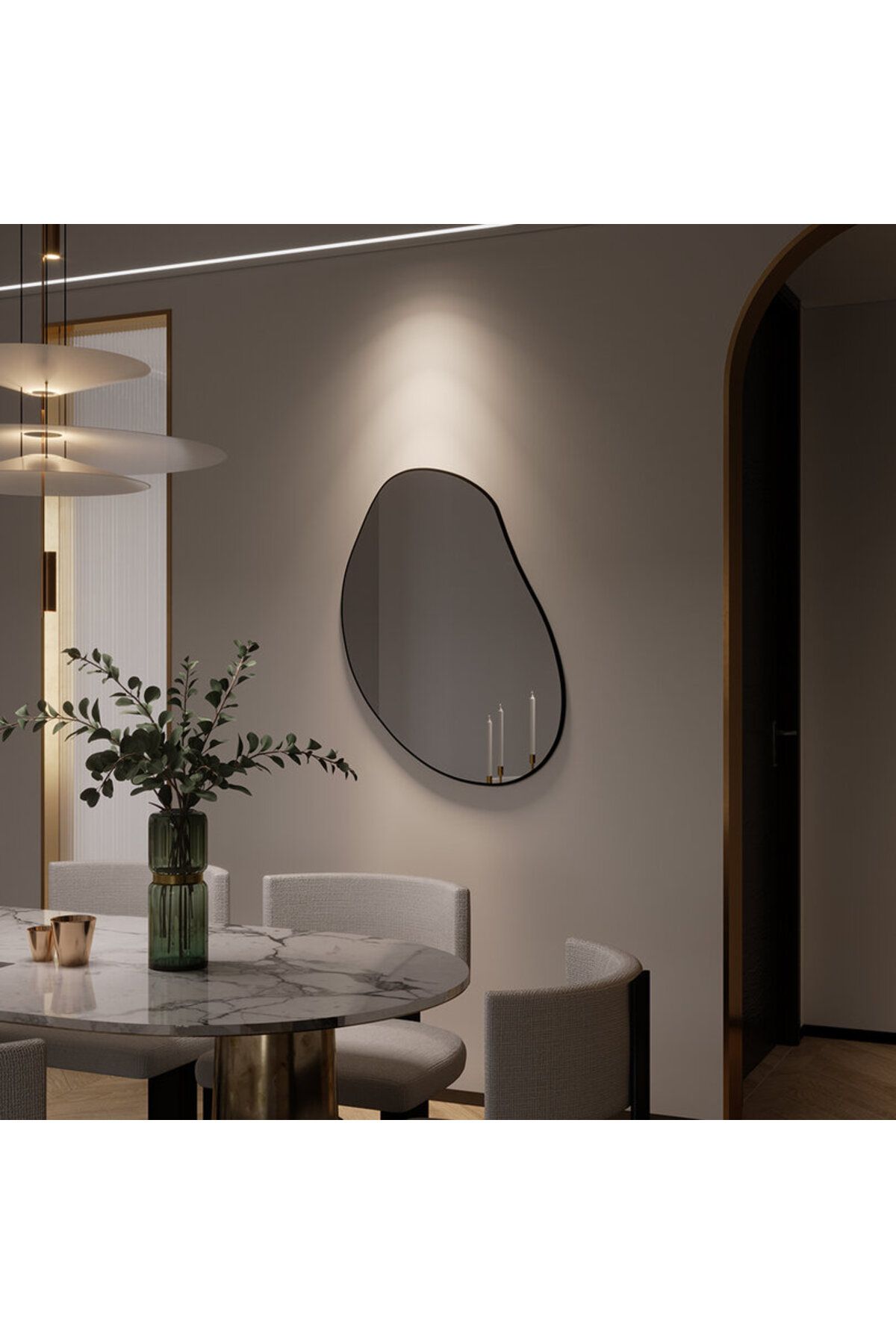 Aypars Atölye Asimetrik Duvar Aynası – Siyah Çerçeveli Minimalist Ayna, Modern Yemek Alanı ve Salon Tasarımı