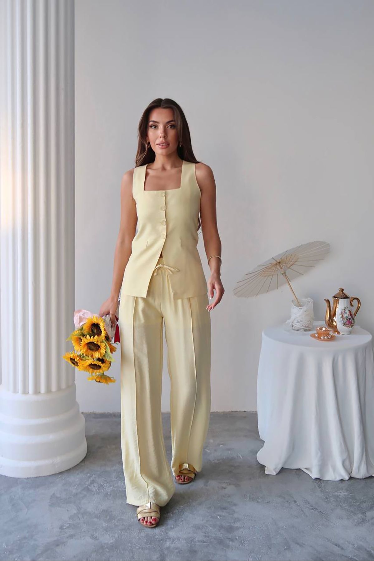 Neşeli Butik kadın yazlık yelek pantolon ikili keten takım NBG096
