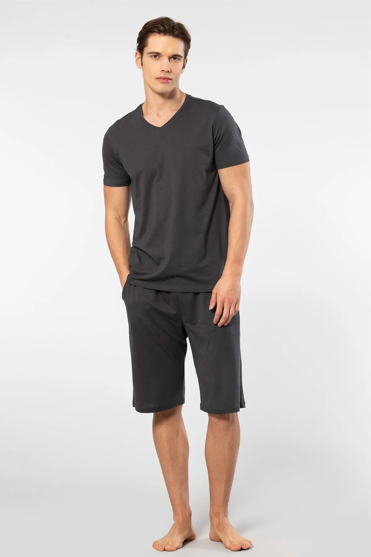 Cacharel V Yaka T-shirt ve Cepli Bermuda Şort Takım, %50 Pamuk %50 Modal