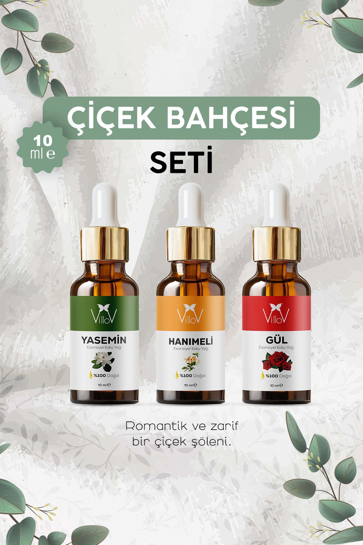 Villov 3'lü Gül, Hanımeli, Yasemin Esansiyel Uçucu Yağı Buhurdanlık Yağı Aromatereapi Difüzör Yağı Seti