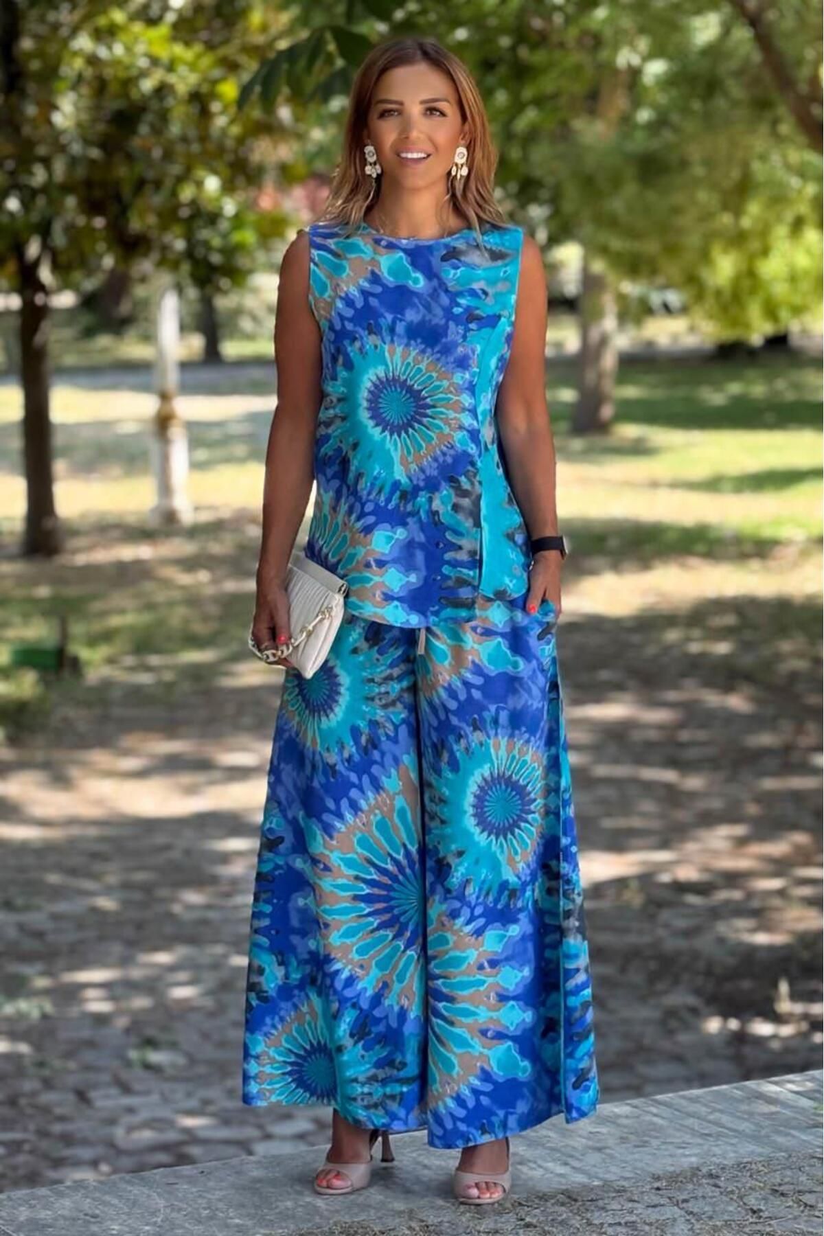 Nevin Kaya Moda Sicily Mavi Etnik Desen Pantolon Bluz İkili Takım