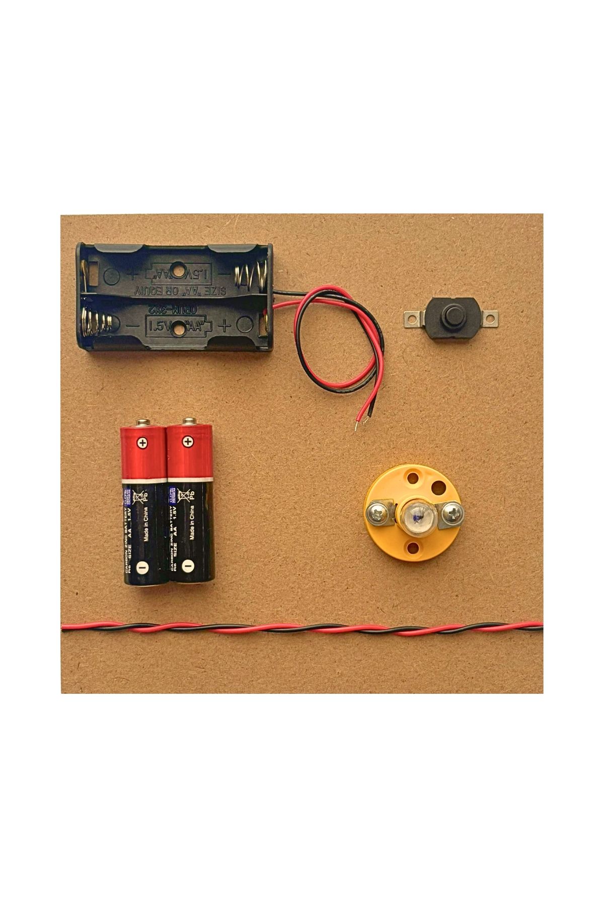 Kidsmaker Ahşap Tabanlı Basit Elektrik Devresi ( Pilli ) - Duy - Ampul - Pil Kutusu - Pil - Anahtar - Kablo