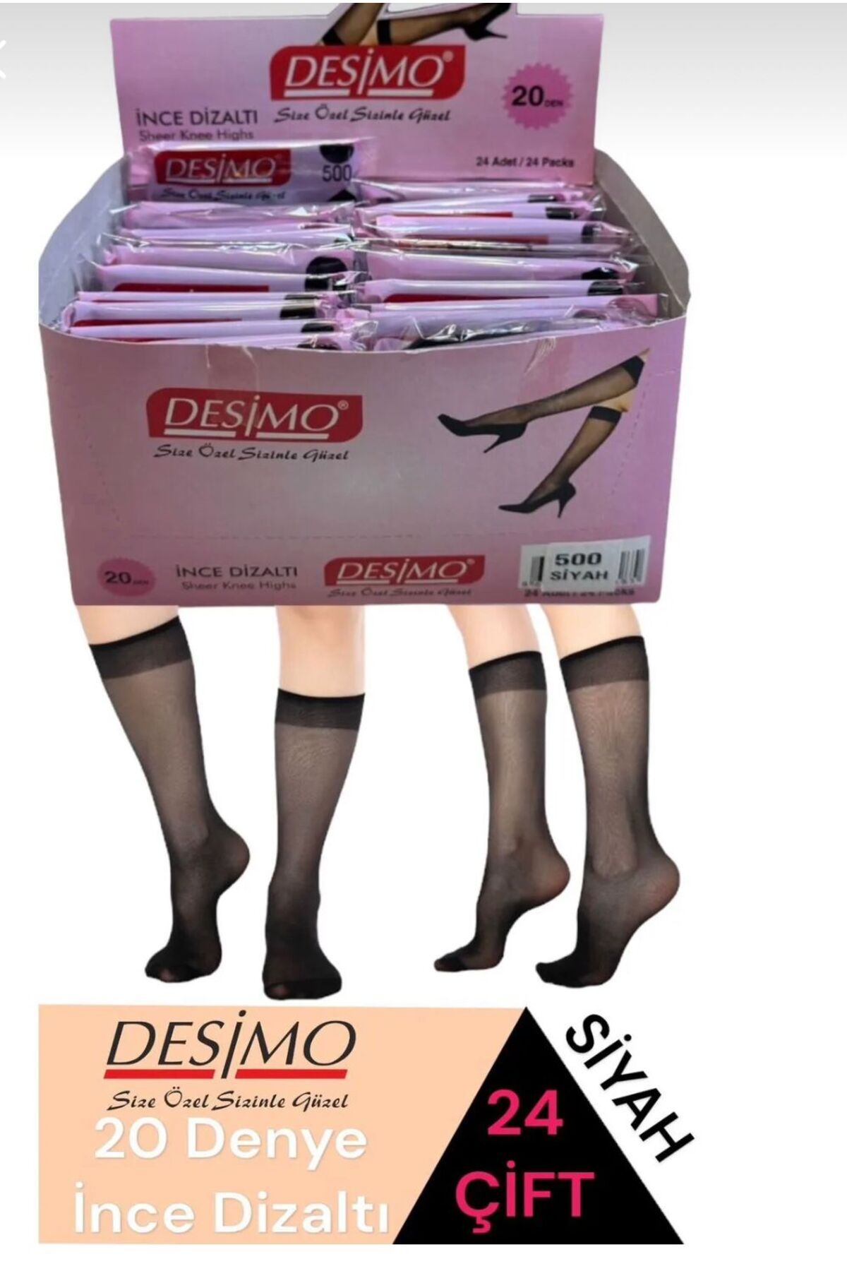 AyganStore 24'Lü İnce 20 Denye 500 Siyah Dizaltı Kadın Çorabı.