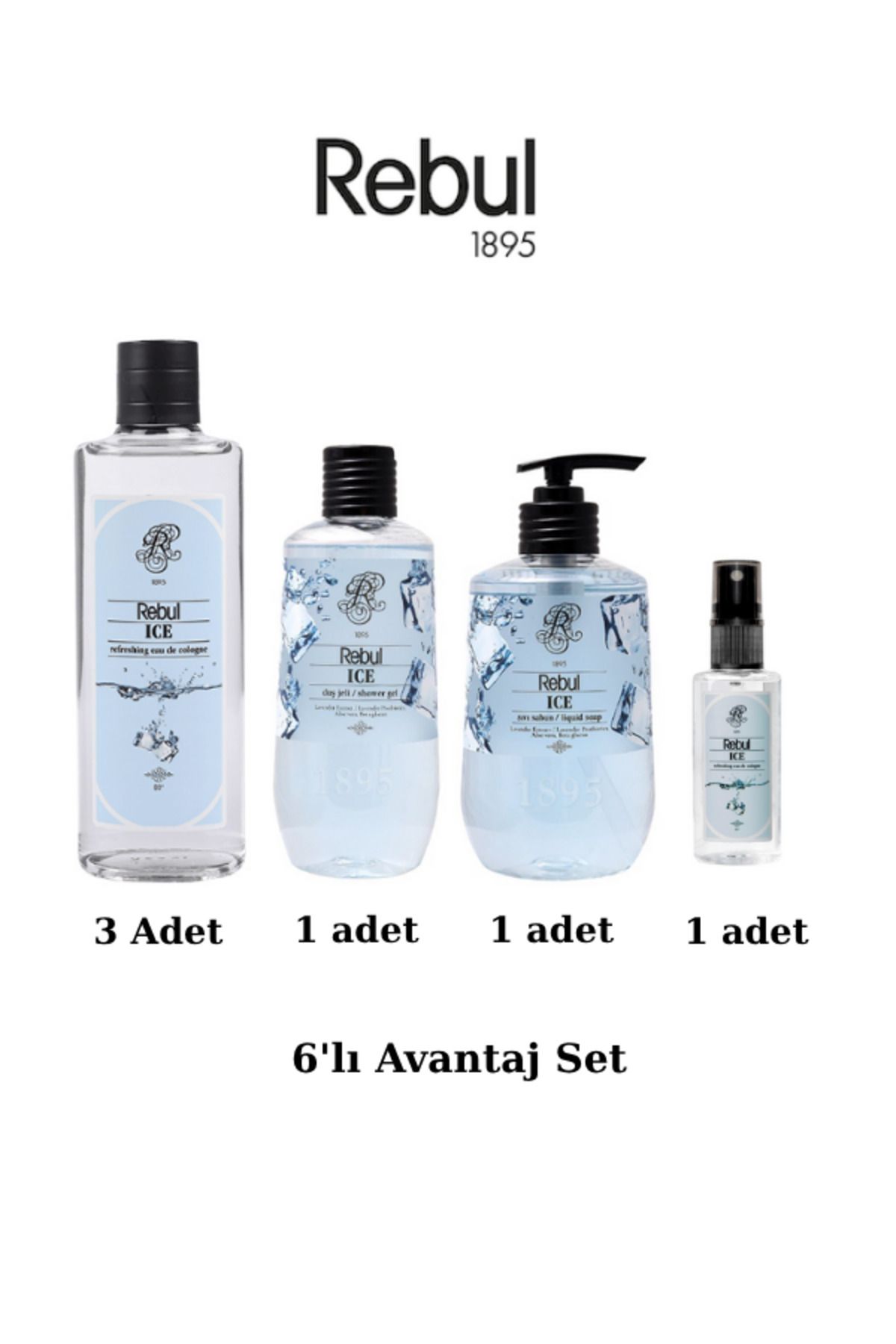 Rebul Ice (Buz) 6’lı Set: 3x250ml Cam Şişeli Kolonya, 500ml Duş Jeli, 500ml Sıvı Sabun, 125ml Sprey Pet