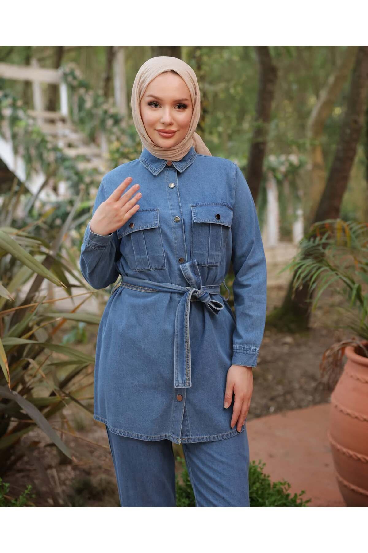 Duhan Butik Kuşaklı denim pantolonlu takım