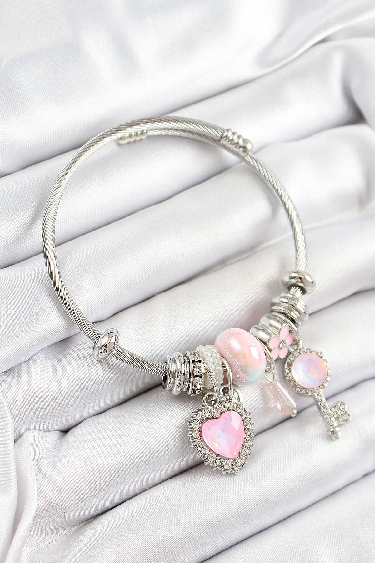 Avantaj Kapıda ® 316L Çelik Pembe Zirkon Taşlı Yıldız Anahtar Ve Kalp Model Gümüş Renk Charm Bileklik