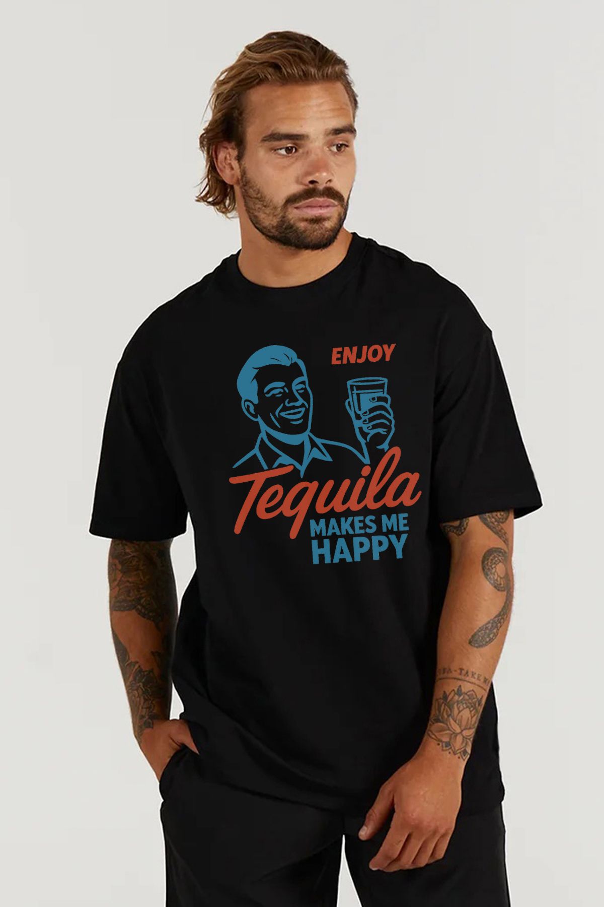 MODA Tekila Tequila Makes Me Happy Baskılı Oversize Kalıp Siyah Geniş Bol Kesim Erkek Tişört