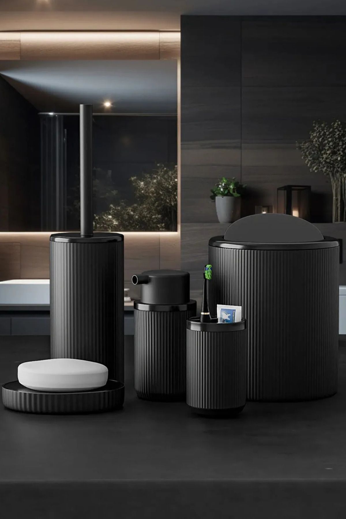 UFİX Banyo Seti Siyah Çizgili 5'li Akrilik-ÇöpKovası,WC Fırçalık,Sıvı Sabunluk,Diş Fırçalık,El Sabunluk,