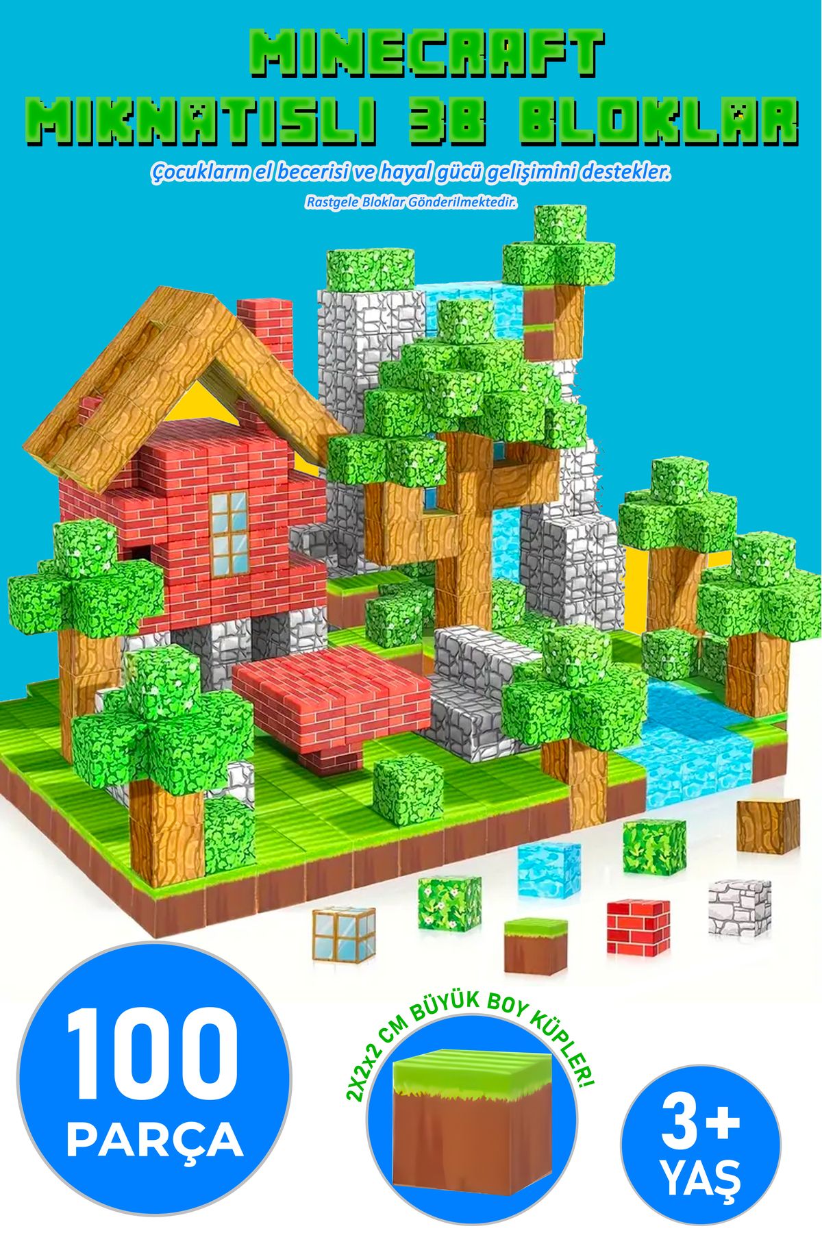 Ay&tel kids wear collections Minecraft Manyetik Blok Oyuncak - 100 Parça Eğitici Set 3+yaş Zeka Geliştirici Oyuncak