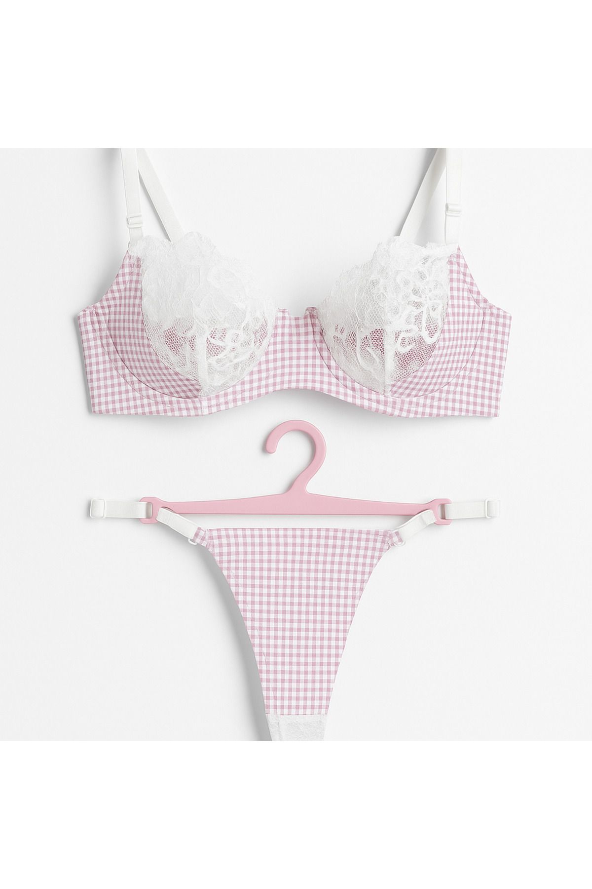 AMOR Dantelli Pembe Gingham Desenli Bralet-Tanga Takımı