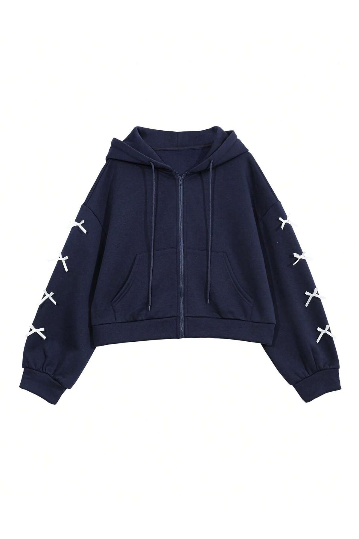 MOONBULL  Kadın Kolları Fiyonklu Detaylı Kapüşonlu Fermuarlı Crop Sweatshirt - Görsel 3