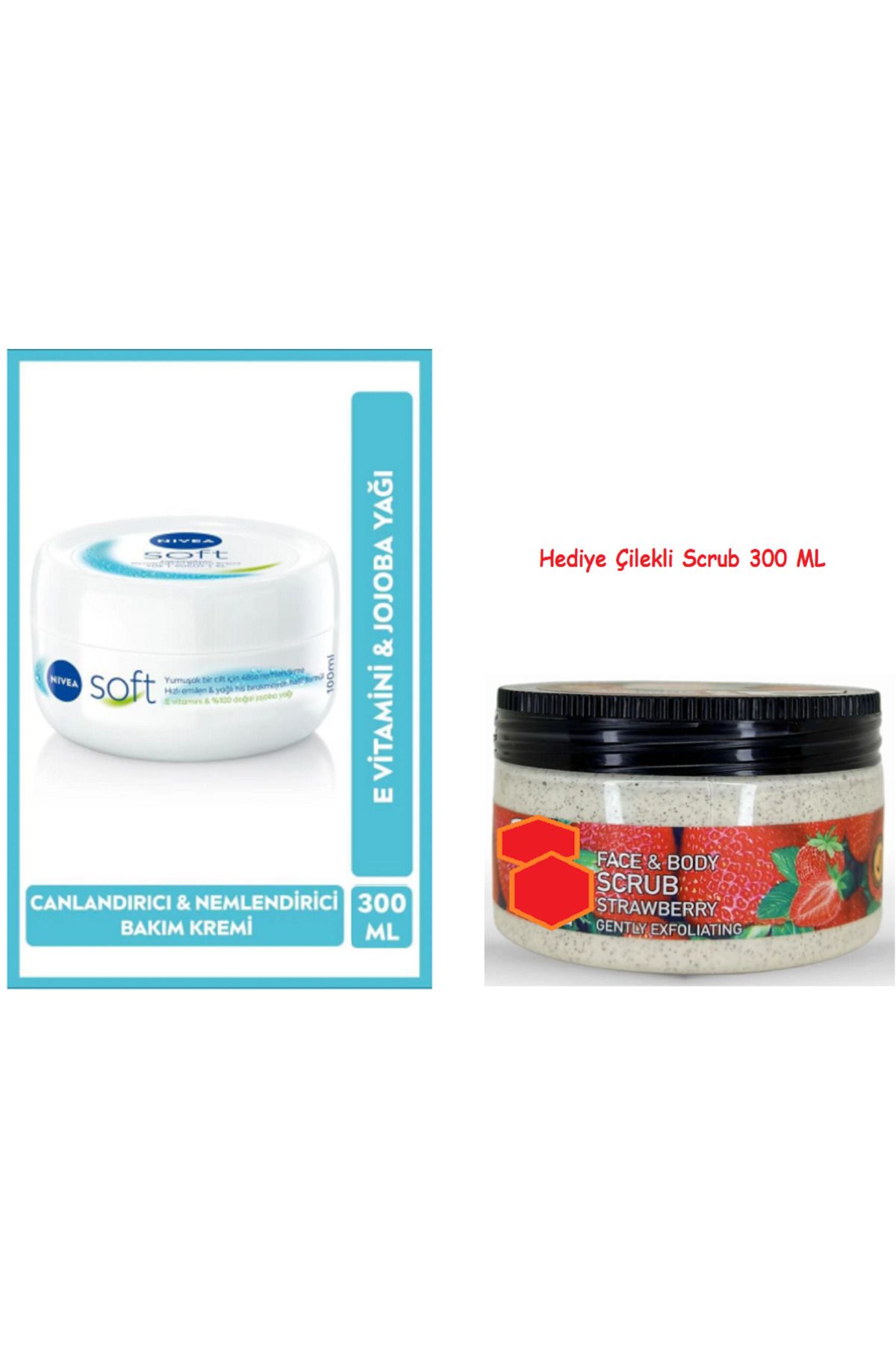NIVEA 300 ML Soft Nemlendirici Krem +Yüz ve Vücut İçin Peeling Etkili Scrub Çilek Gel 300m Hediye