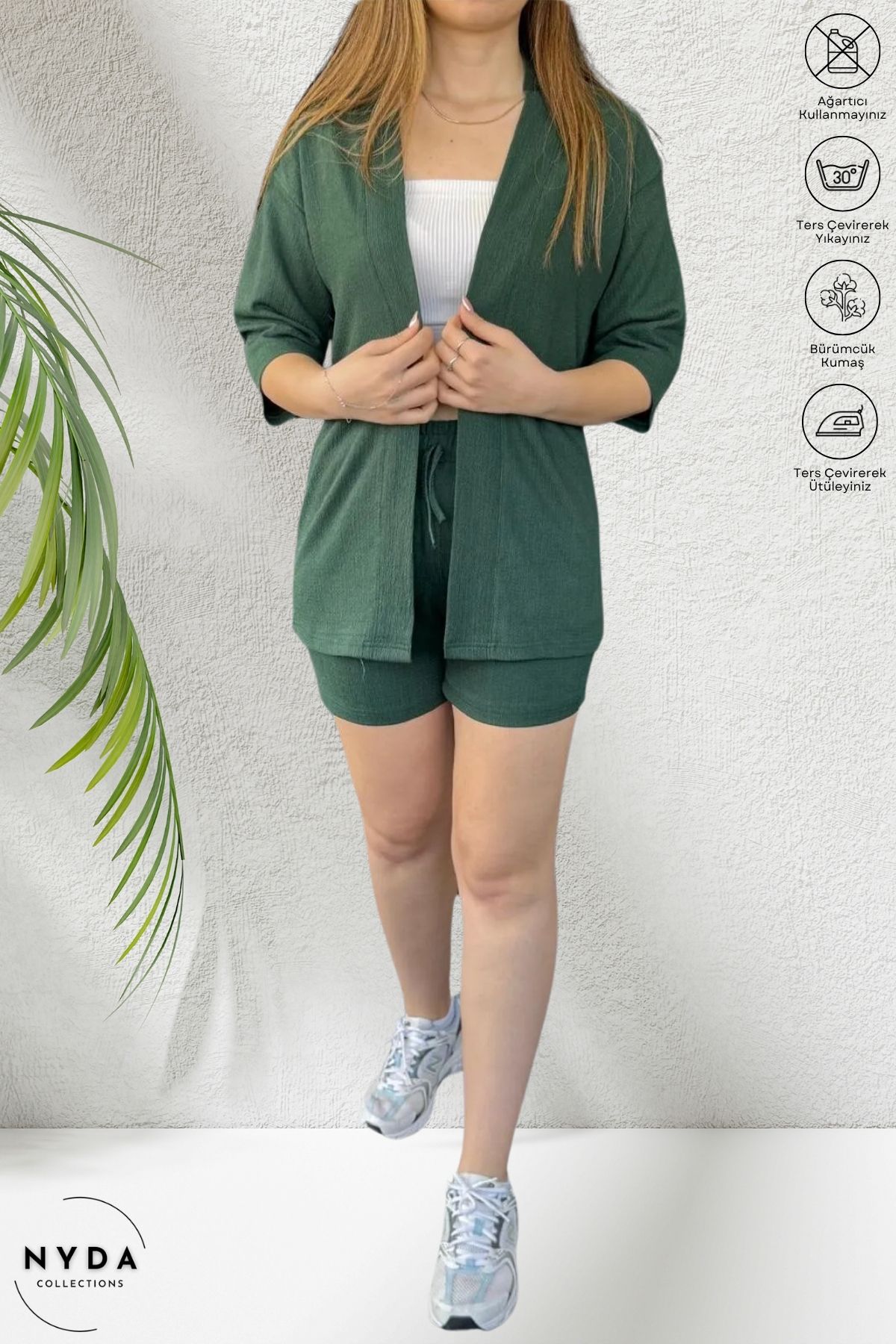 Nyda Collections Kadın Bürümcük Kumaş Yazlık Likralı Lastikli Bel Şort ve Kimono Takım