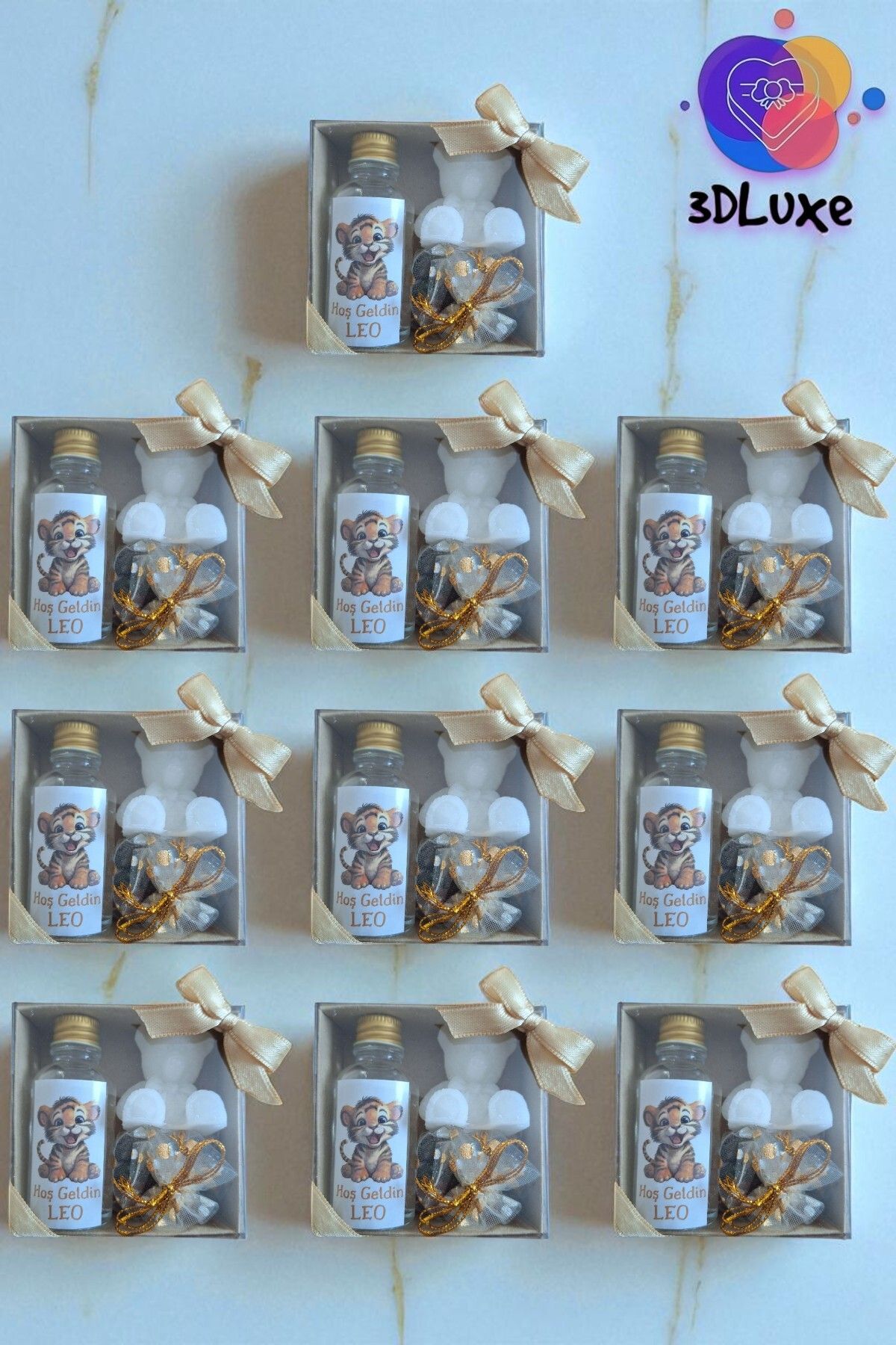 3DLuxeDekor Draje Şeker-Ayıcık Mum-Kolonya Hediyelik 10 ADET (Bebek, Söz, Nişan, Kına, Düğün, Mevlid)