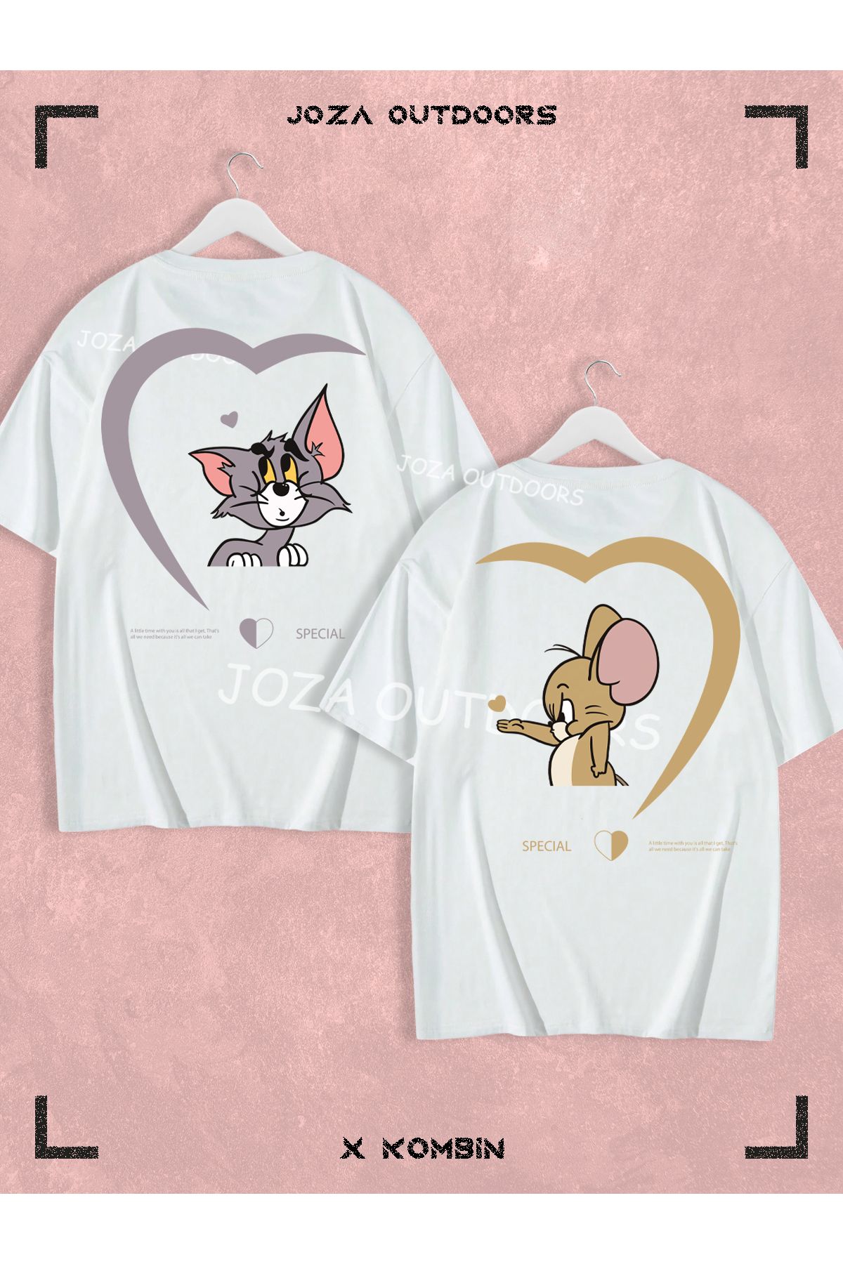 Joza Outdoors Kadın Erkek Kalp Tom ve Jerry SIRT Baskılı Sevgili Çift Kombini Oversize Renkli Tshirt 2'li Takım