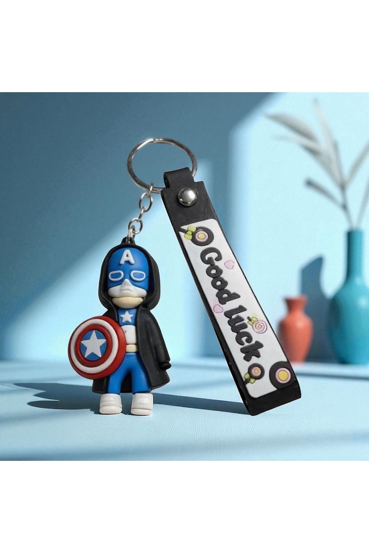 Morbellabutikaksesuar Captain America Figürlü Mavi-Siyah Anahtarlık | Çanta Süsü | Erkek & Kadın Kullanımına Uygun