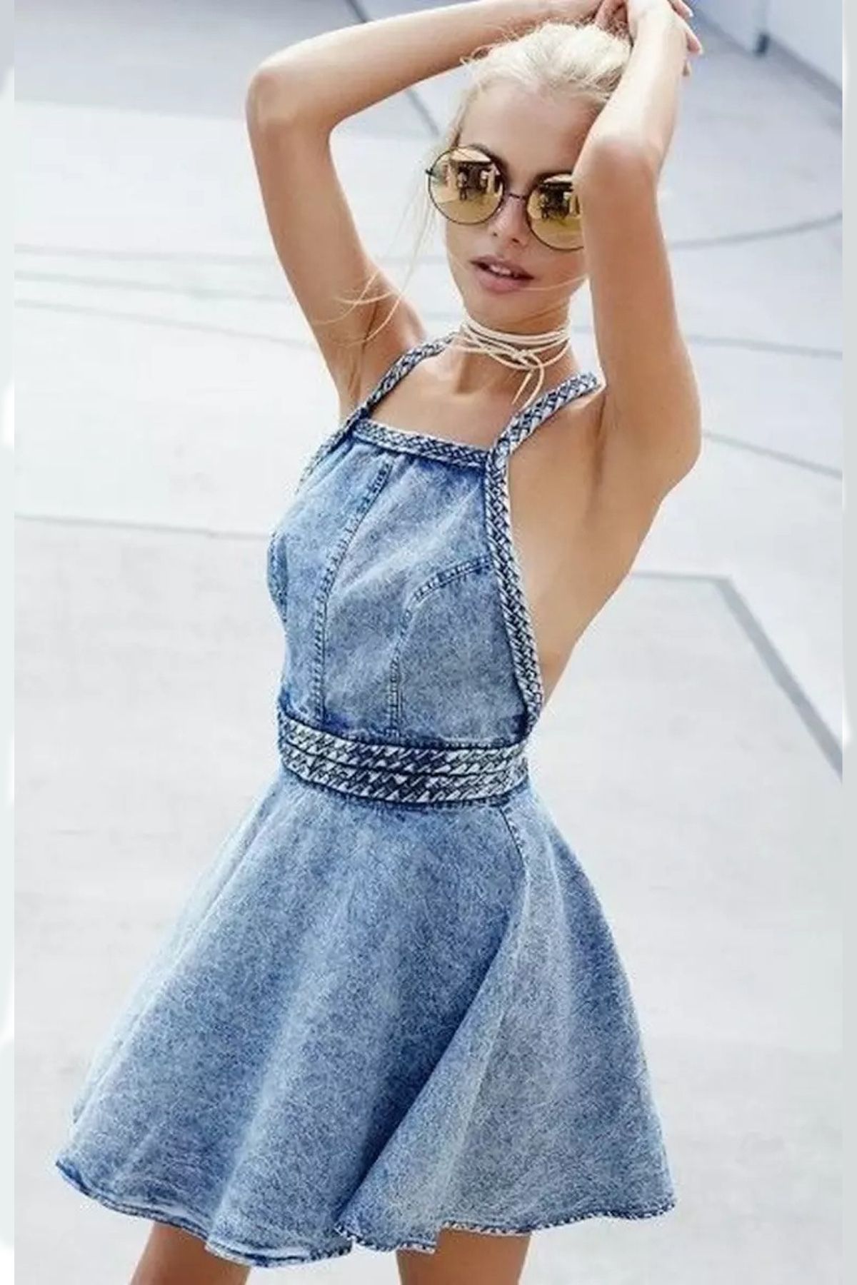 FASHION COCKTAIL Çift Bel Halat Örgülü Örme İp Çapraz Askılı Eteği Salaş Baharlı Sırt Açık Fermuarlı Kot Denim Elbise