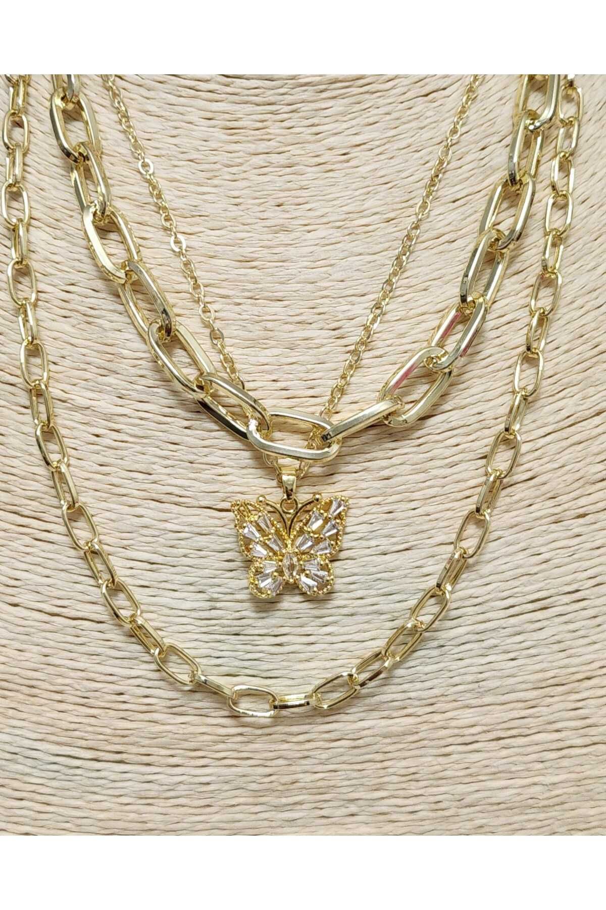ESI Accessory Kelebek Detaylı 14K Altın Kaplama 3'lü Zincir Gold Kolye